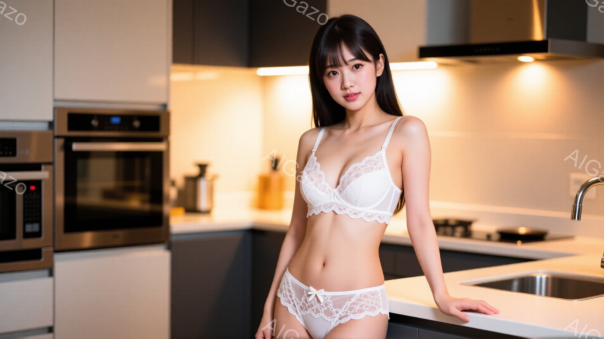 長い黒髪で、前髪はぱっつんカットの女性が、白いレースのブラとショーツ姿でキッチンに立っている。彼女は軽く微笑み、片手をキッチンカウンターに添えて、リラックスしたポーズをとっている。背景には、モダンなキ - AI生成フリー素材