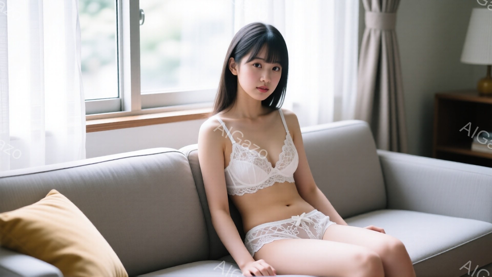 モデルは灰色のソファに座っており、白いレースのブラとパンティーを身に着けています。彼女は長い黒髪で、前髪が目にかかっています。落ち着いた表情で、リラックスした雰囲気の室内で撮影されています。 - AI生成フリー素材