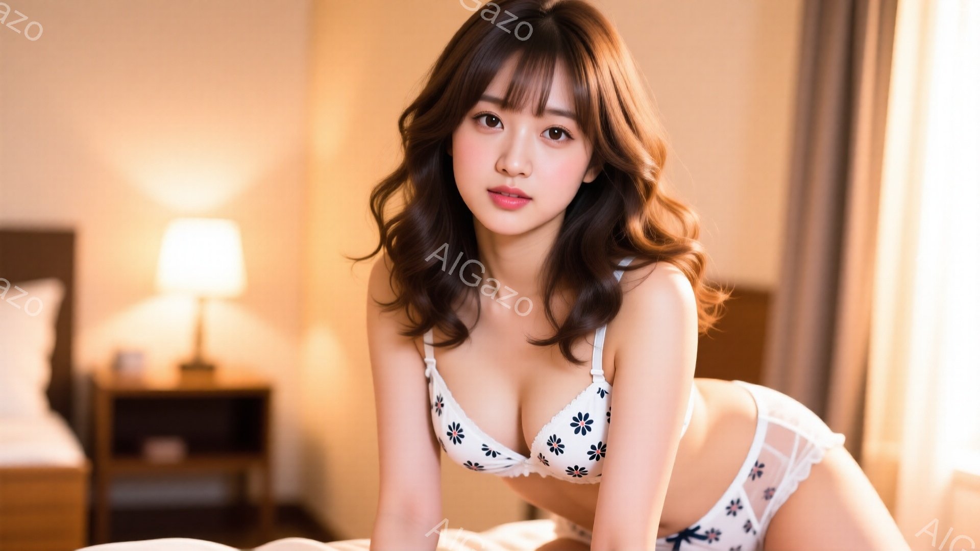長いダークブラウンの髪は肩にかかるようにウェーブがかかっています。白い花柄のブラとショーツ姿の女性が、ベッドに横たわりカメラを見つめています。背景にはナイトテーブルとランプがあり、ホテルの一室のような明るい雰囲気です。