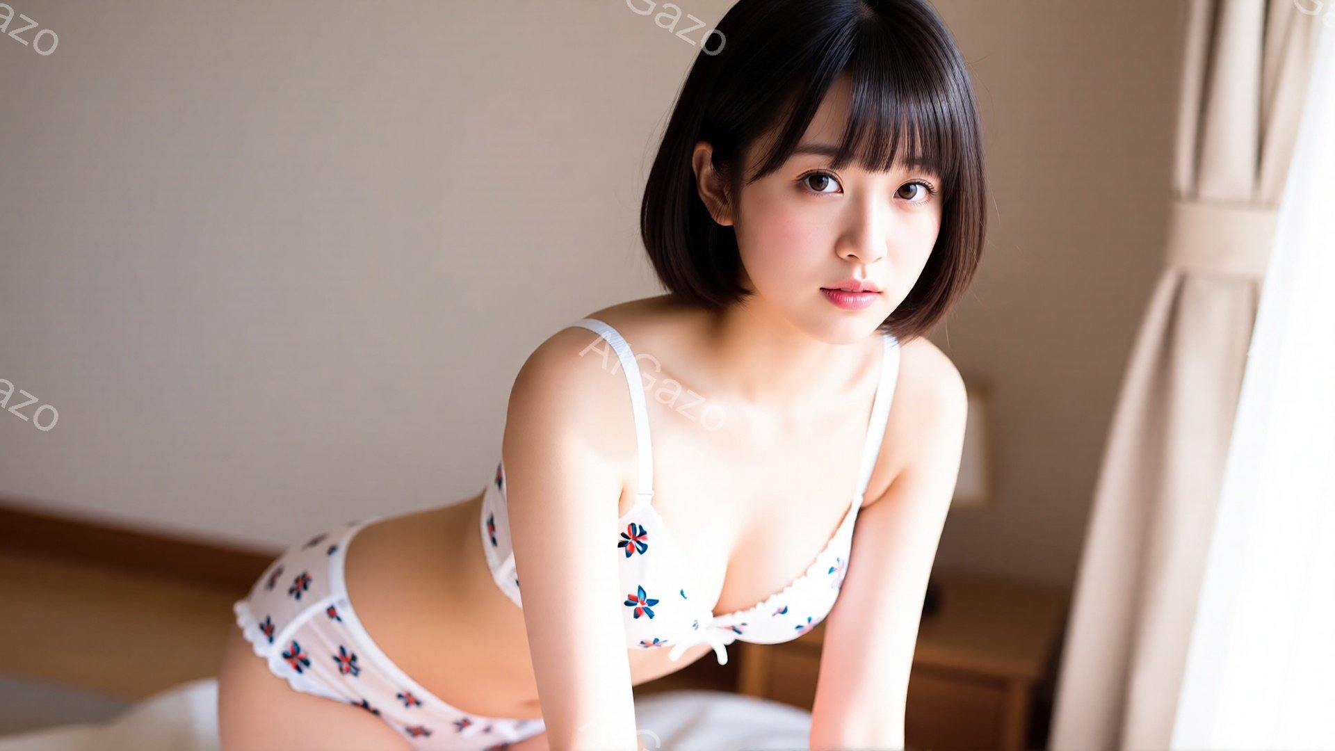 ショートヘアの女性が、白い花柄のブラとショーツ姿でベッドに横たわっています。少し体を起こし、カメラ目線で微笑んでいます。背景は薄いベージュで、カーテンの一部が見え、全体的に柔らかく、優しい雰囲気が漂っ - AI生成フリー素材