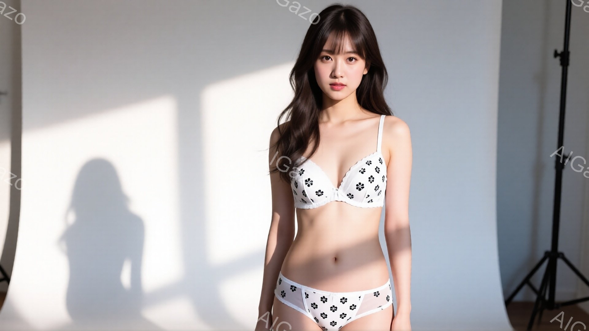 長い黒髪を肩から下まで伸ばした女性が、白い背景の前でポーズをとっています。黒い花柄のブラとショーツのセットを身に着け、少し微笑んでいます。背景には影とスタンドが写っており、全体的にミニマルで清潔感のある雰囲気です。