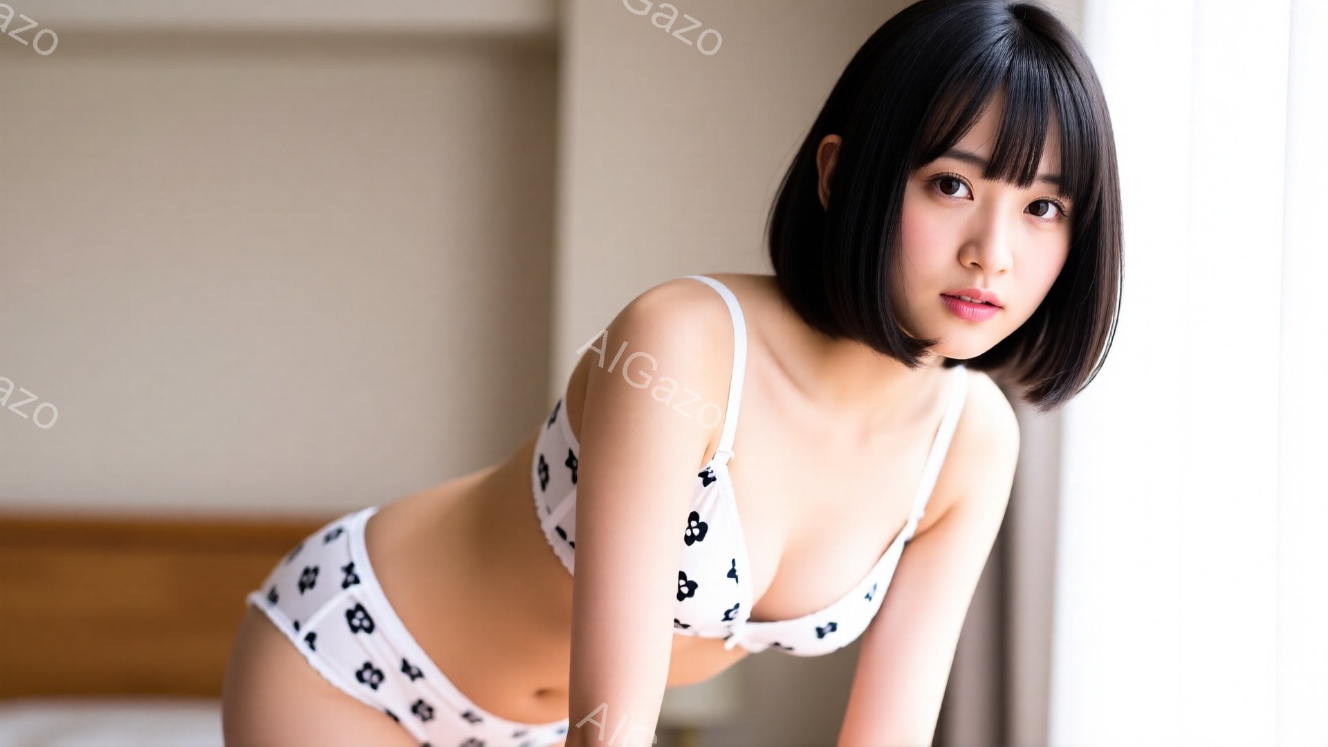 黒髪のショートボブヘアの女性が、白いドット柄のブラジャーとショーツ姿で、カメラに向かって少し振り返りながらポーズをとっています。彼女はわずかに微笑んでおり、やや挑発的な表情を浮かべています。背景はシンプルな部屋の一部で、窓からの自然光が差し込んでいます。