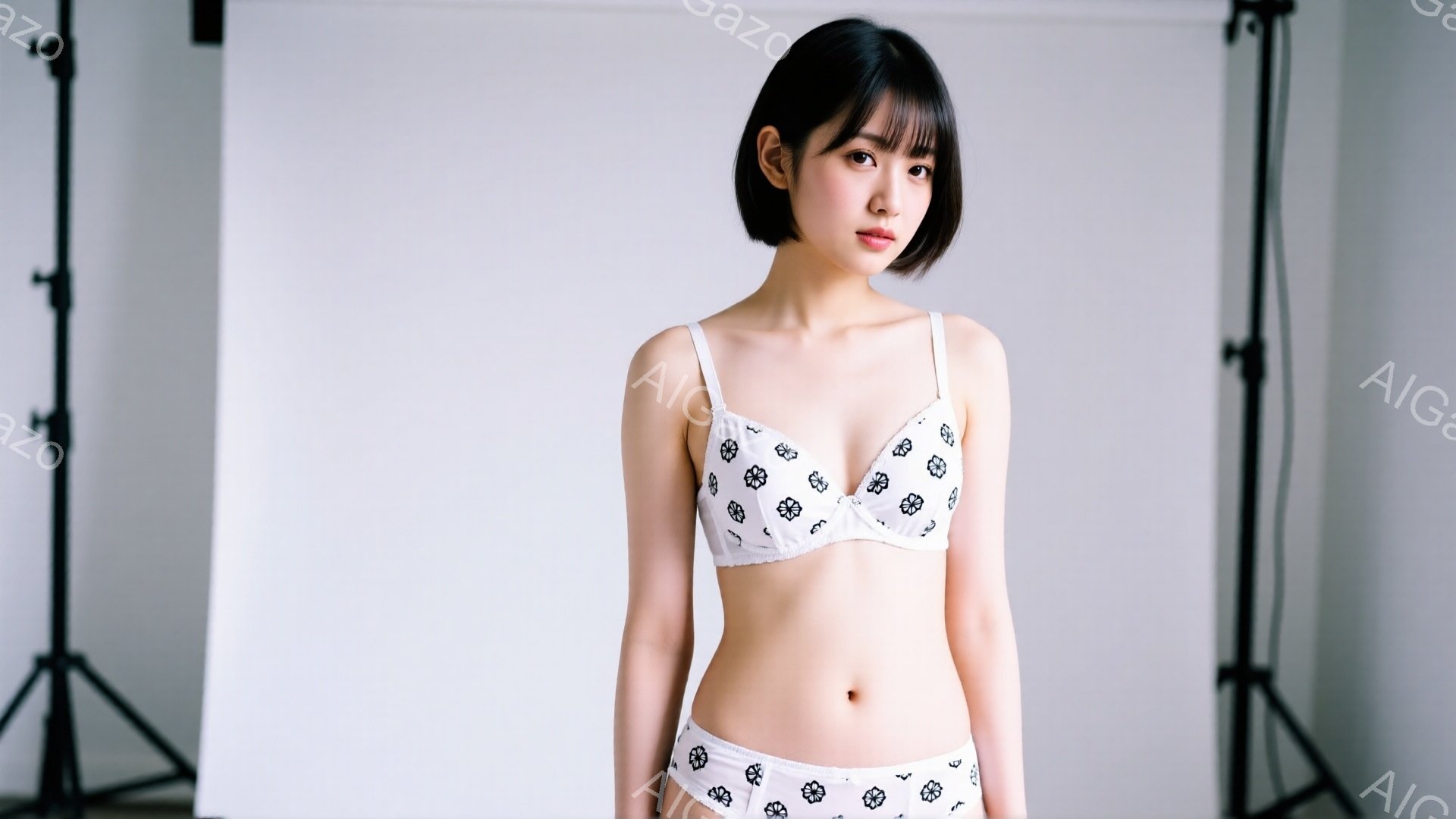 黒髪のボブヘアで、前髪が眉毛にかかる女性が、白い背景を背景に立っています。白地に黒い模様のブラとショーツを着用し、少し微笑んでいます。スタジオ撮影と思われる、白と黒の三脚が左右に配置されたシンプルな背景です。