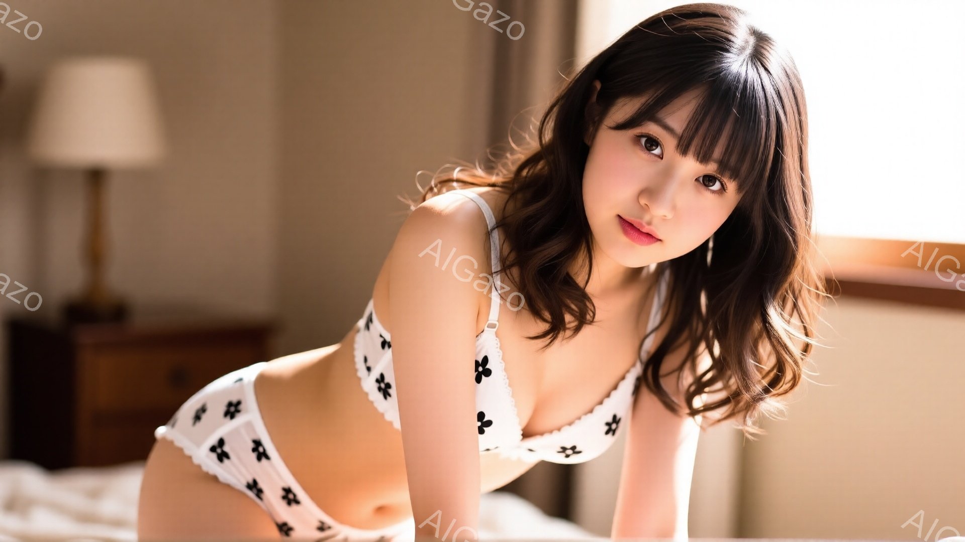 長いダークブラウンの髪をした若い女性が、白い花柄のブラとショーツのランジェリー姿でベッドに横たわっています。彼女はカメラの方を見て少し微笑んでおり、姿勢はわずかに体をねじった状態です。背景には木製のナ - AI生成フリー素材