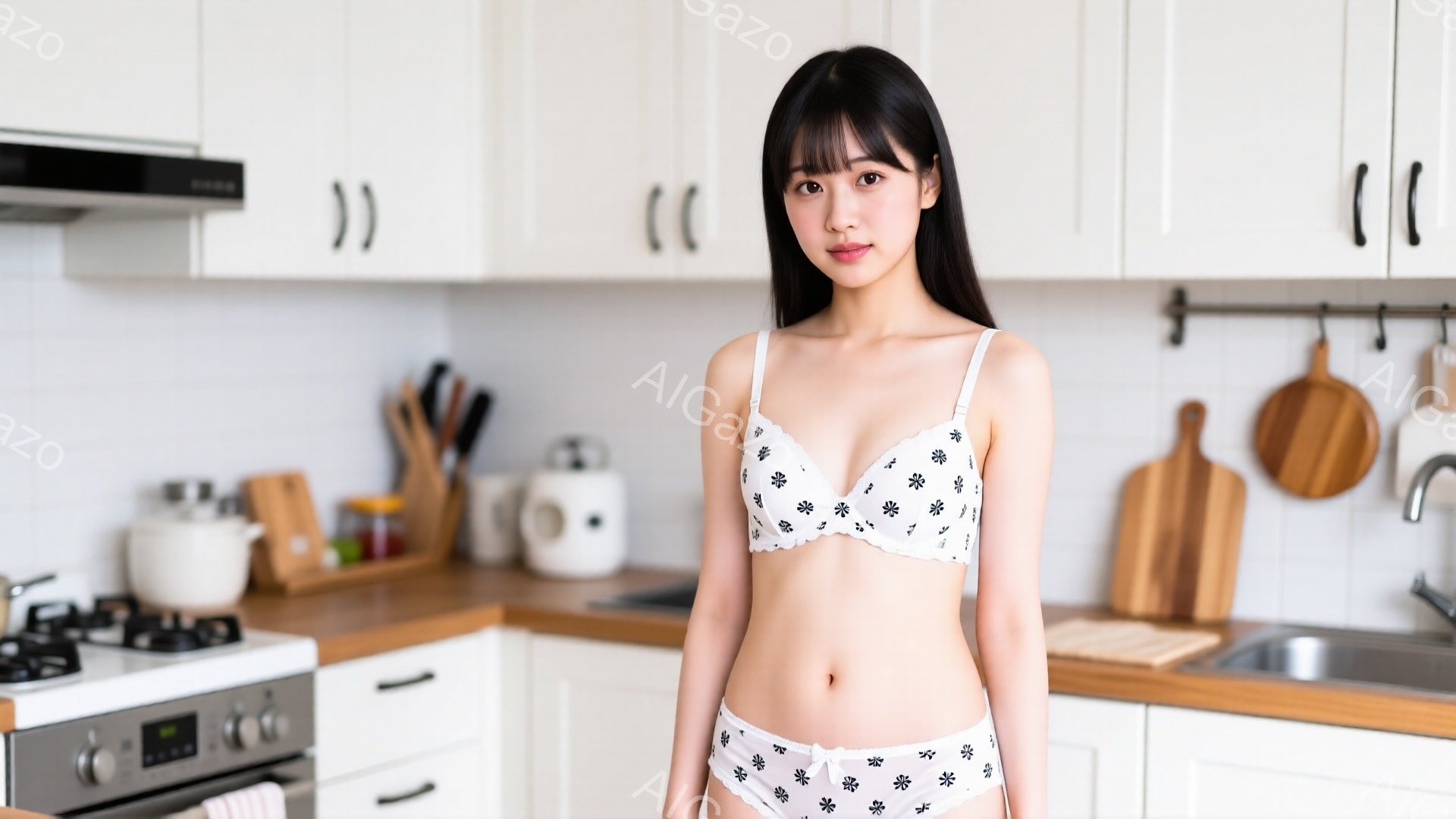 明るいキッチンを背景に、花柄のブラとショーツを身に着けた女性が立っています。彼女は黒髪のストレートヘアで、わずかに微笑んでいます。キッチンのカウンターには鍋や調理器具が並び、清潔感のある雰囲気が漂っています。