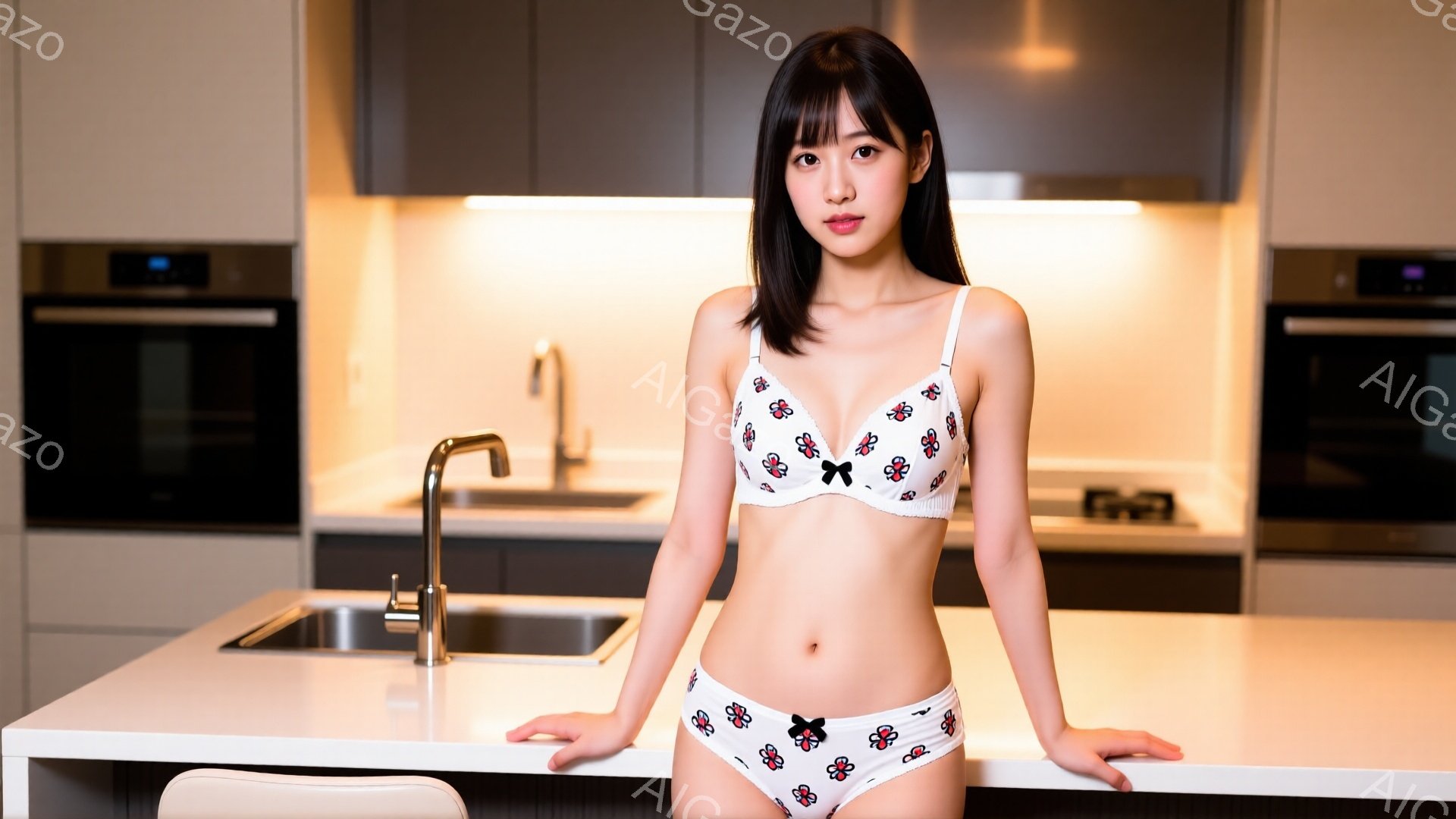 黒髪の女性が白いキッチンで白いカウンターに手を置き、下着姿で立っている。彼女は白い地に赤い花柄のブラジャーとショーツを着用し、微笑みを浮かべている。背景には、ステンレス製のシンクとオーブンが見え、モダ - AI生成フリー素材
