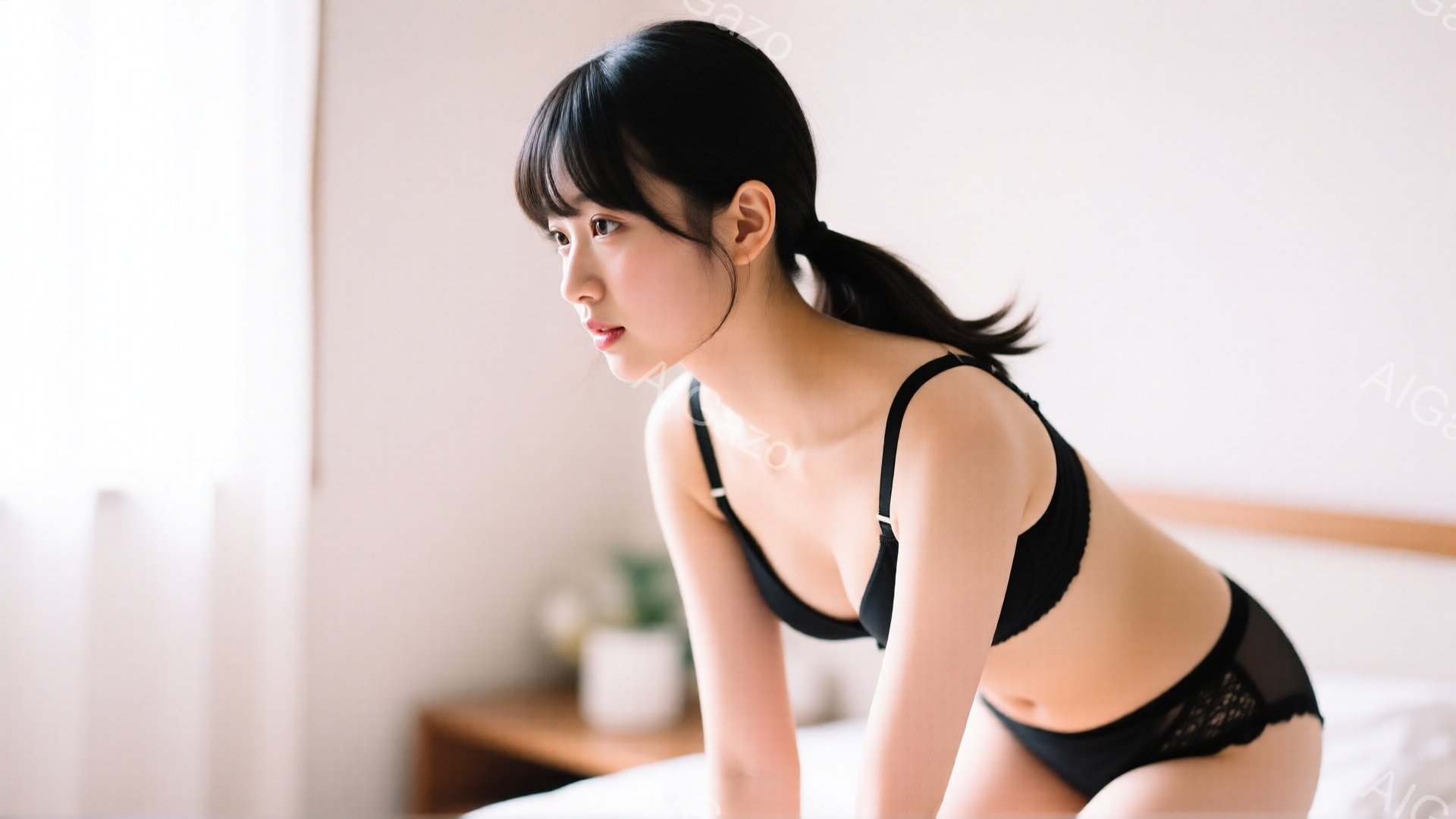 黒いブラとショーツ姿の女性が、白いベッドの上に横たわっています。彼女は黒髪で、前髪を少し短く切り揃え、後ろでポニーテールにしています。彼女は横を向いて少し微笑んでおり、リラックスした雰囲気が漂っています。