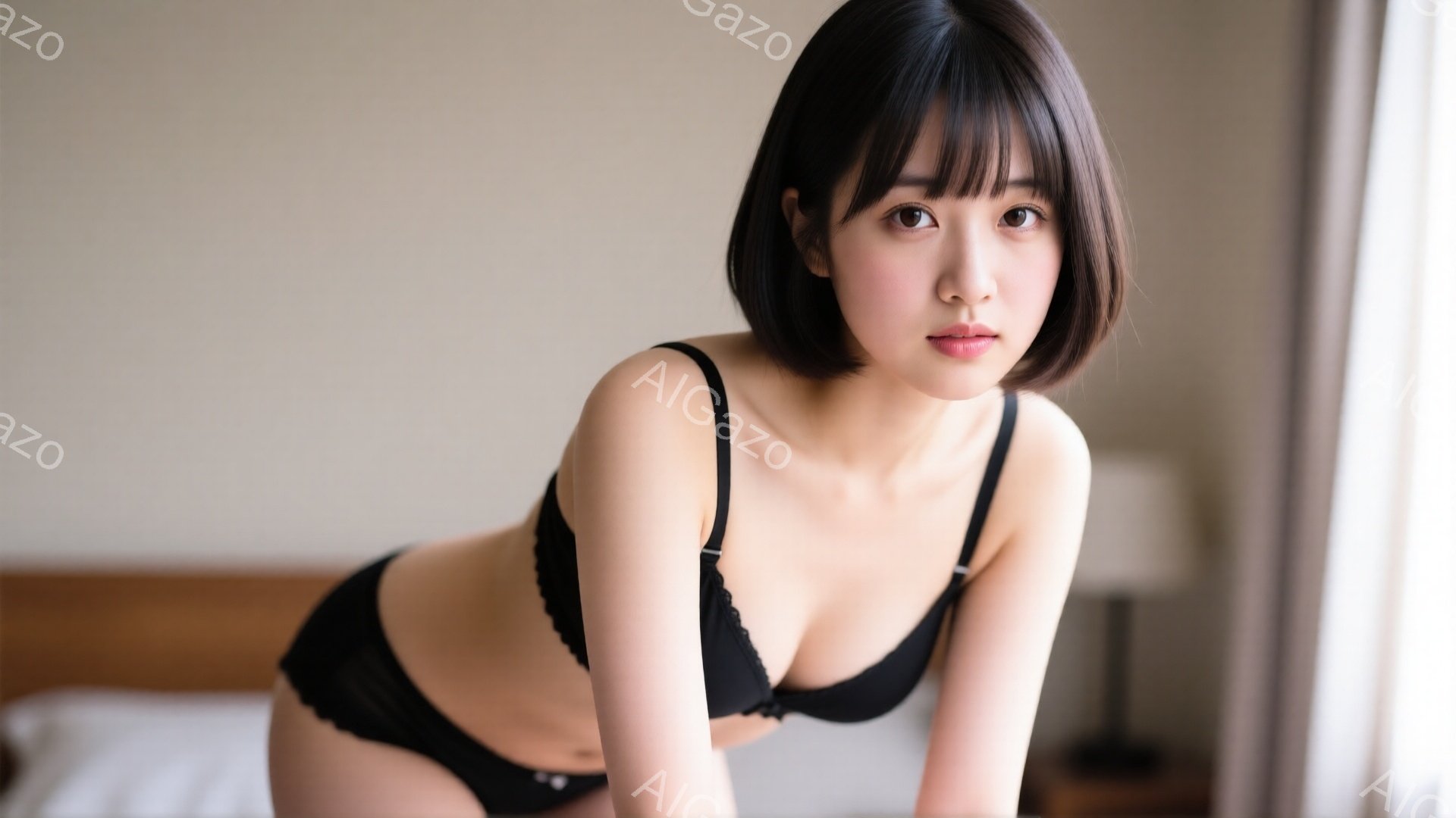 黒髪のショートヘアの女性が、黒いブラとショーツのランジェリー姿でベッドの上に横たわっています。彼女はカメラを見つめ、少し控えめな表情を浮かべています。背景にはぼやけた家具と窓から差し込む柔らかな光があり、全体的に落ち着いた雰囲気です。