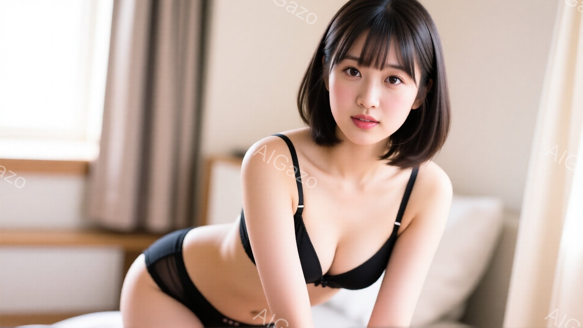 黒いブラとショーツを身につけた女性がベッドに横たわっている。彼女は肩までの長さの黒髪で、前髪が眉毛にかかっている。リラックスした表情でカメラを見つめ、少し微笑んでいる。