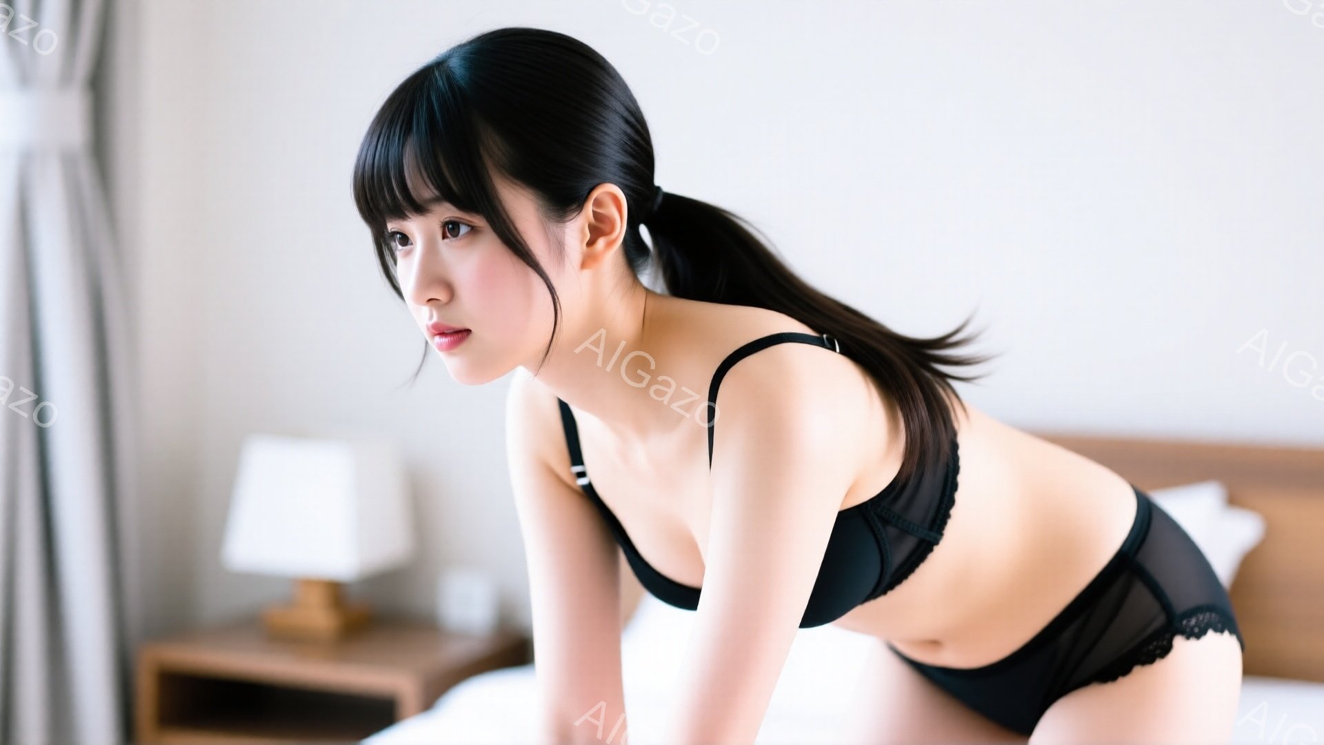 黒髪の女性がベッドの上に横たわっており、黒いレースのブラとショーツ姿です。少し体をひねってこちらを見ており、憂いを帯びた表情をしています。背景には白いカーテンと、ナイトスタンドとランプが見え、室内は柔らかい光で照らされています。