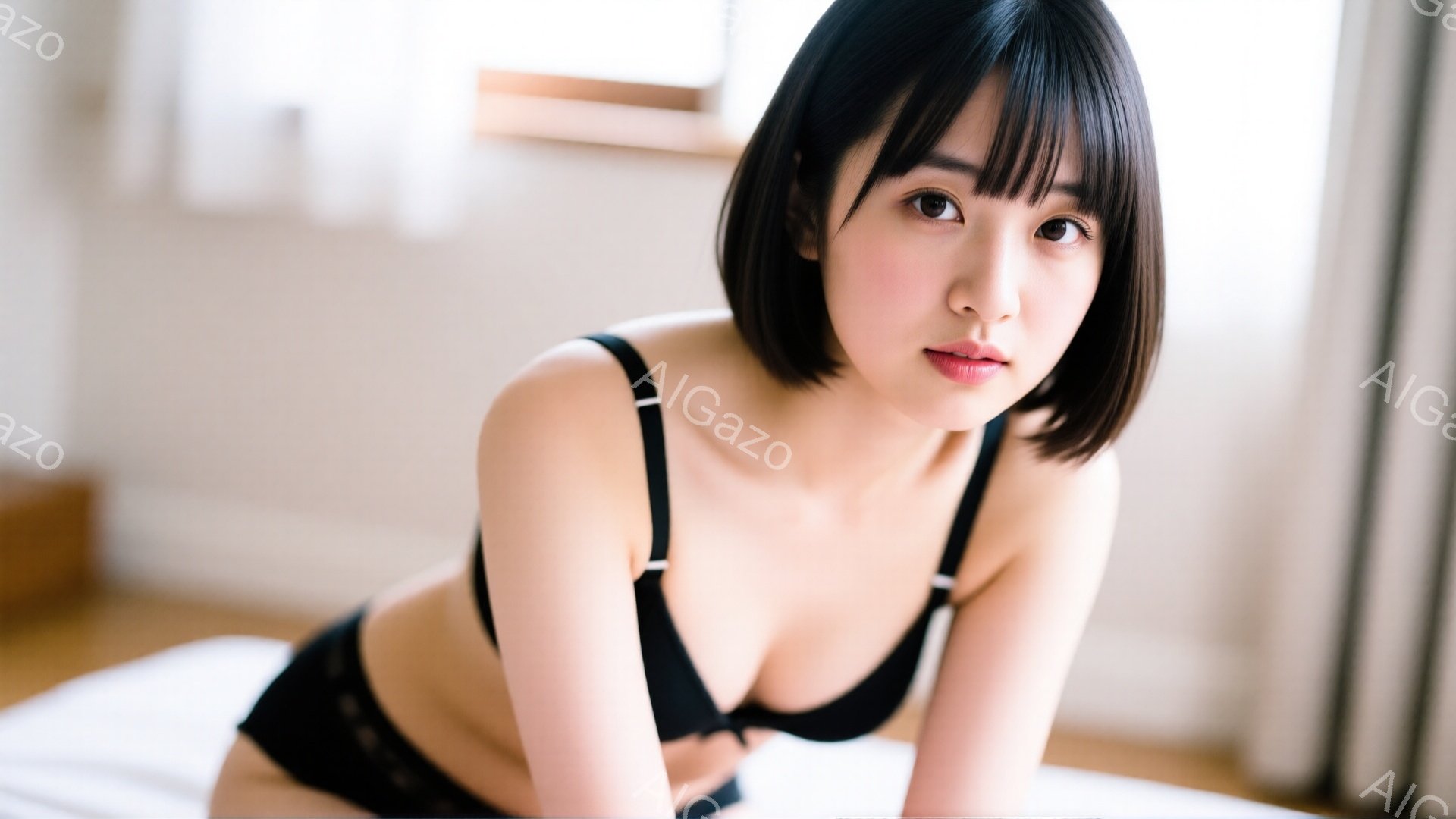 黒いブラとショーツを身に着けた若い女性が、白いベッドの上に横たわっています。彼女は短い黒髪で、前髪が目にかかり、少し微笑んだ表情をしています。背景は明るい部屋で、窓から自然光が差し込み、全体的に柔らか - AI生成フリー素材