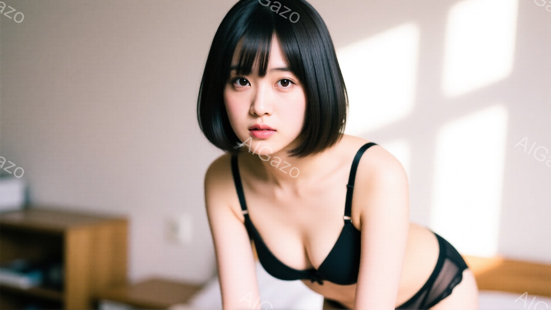 黒髪のショートヘアの女性が、黒い下着姿でベッドに横たわっています。彼女はカメラに向かって少し微笑み、リラックスした表情をしています。背景はシンプルな寝室で、光が差し込み、柔らかい雰囲気を醸し出していま - AI生成フリー素材