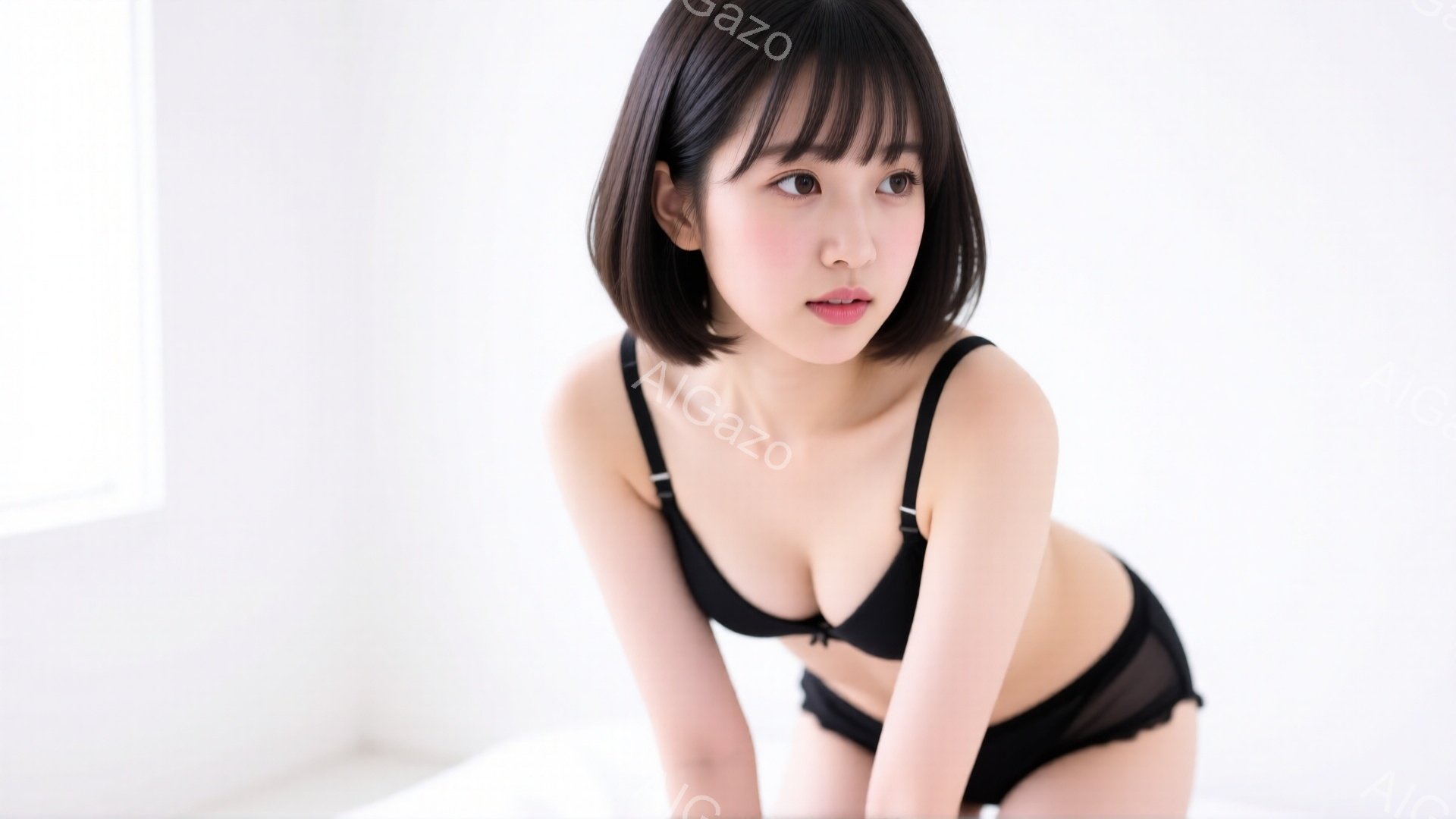 黒い下着を着た若い女性が、白い背景の前で少し前かがみの姿勢をとっています。彼女は肩までの長さの黒髪で、前髪が目に少しかかっています。彼女の表情はわずかに微笑んでおり、視線はカメラに向けています。 - AI生成フリー素材