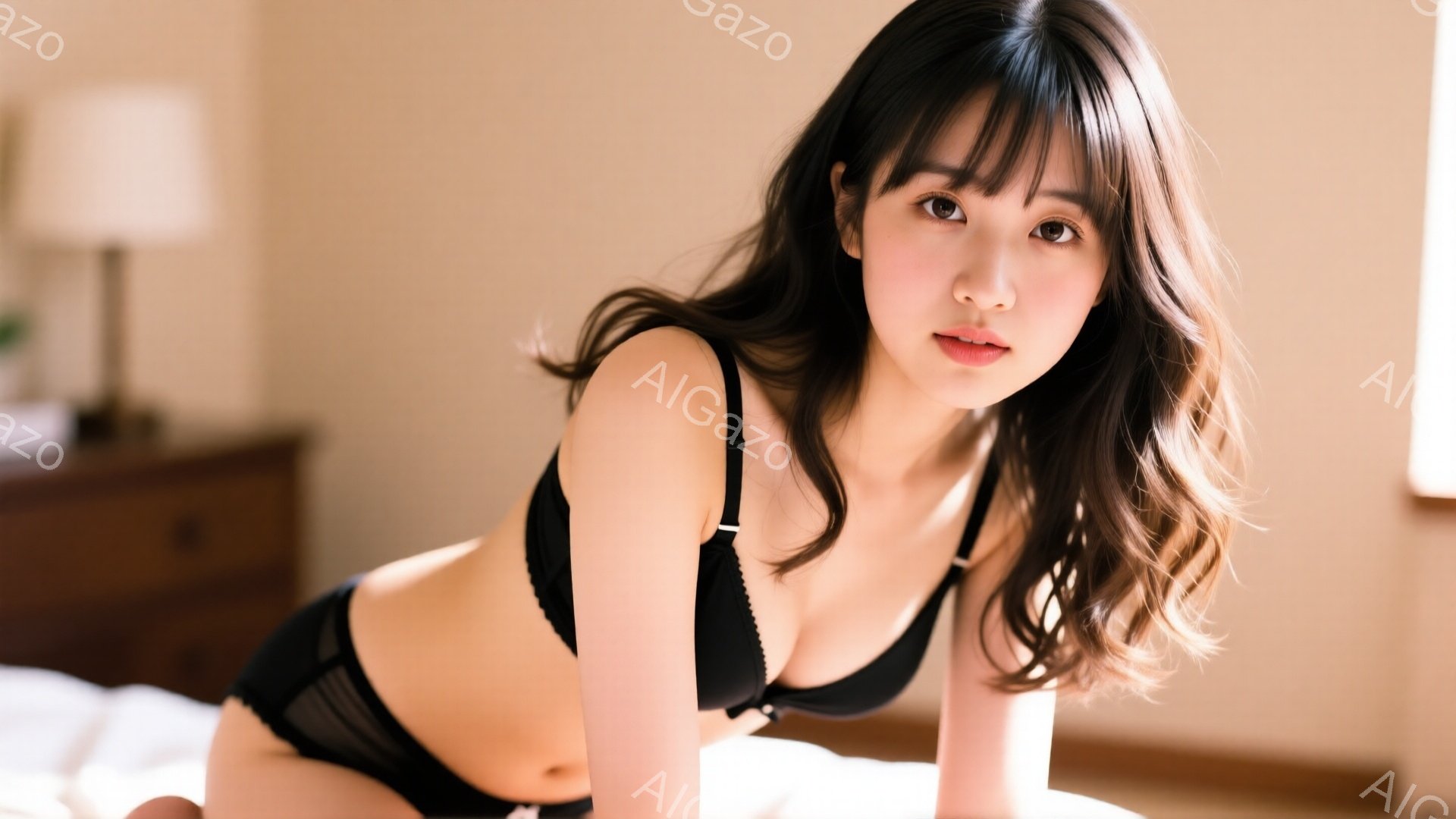 長いダークブラウンの髪を無造作に垂らし、前髪は眉毛にかかる程度に切り揃えられた女性が写っている。彼女は黒いブラとショーツを身につけ、ベッドに横たわり、カメラの方を見て微笑んでいる。背景には木製のナイトスタンドとランプが見え、室内は暖かく、リラックスした雰囲気が漂っている。