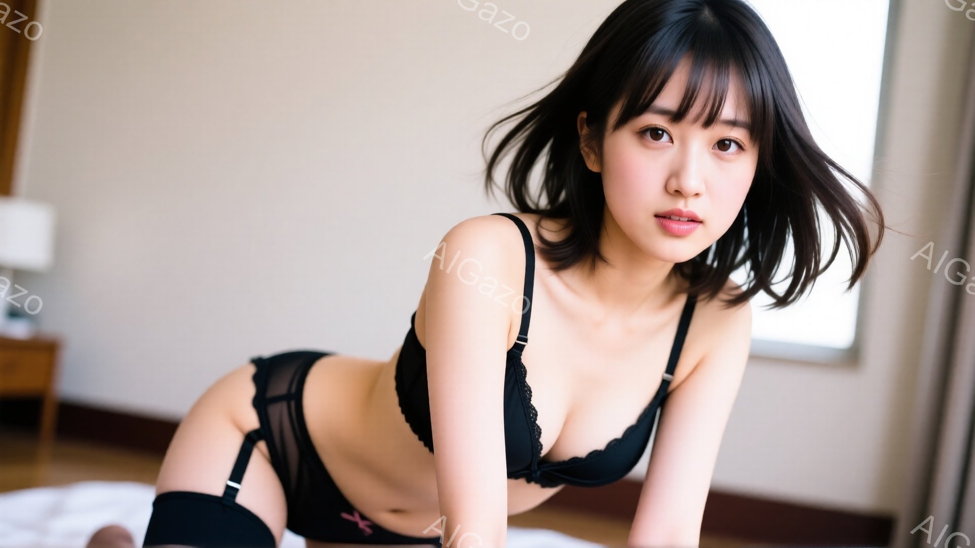 黒いレースのブラとショーツを身につけた女性が、白いベッドの上に横たわっています。彼女は少し体を起こし、カメラに向かって微笑んでいます。背景には木製のナイトスタンドと窓があり、明るい室内であることがわかります。