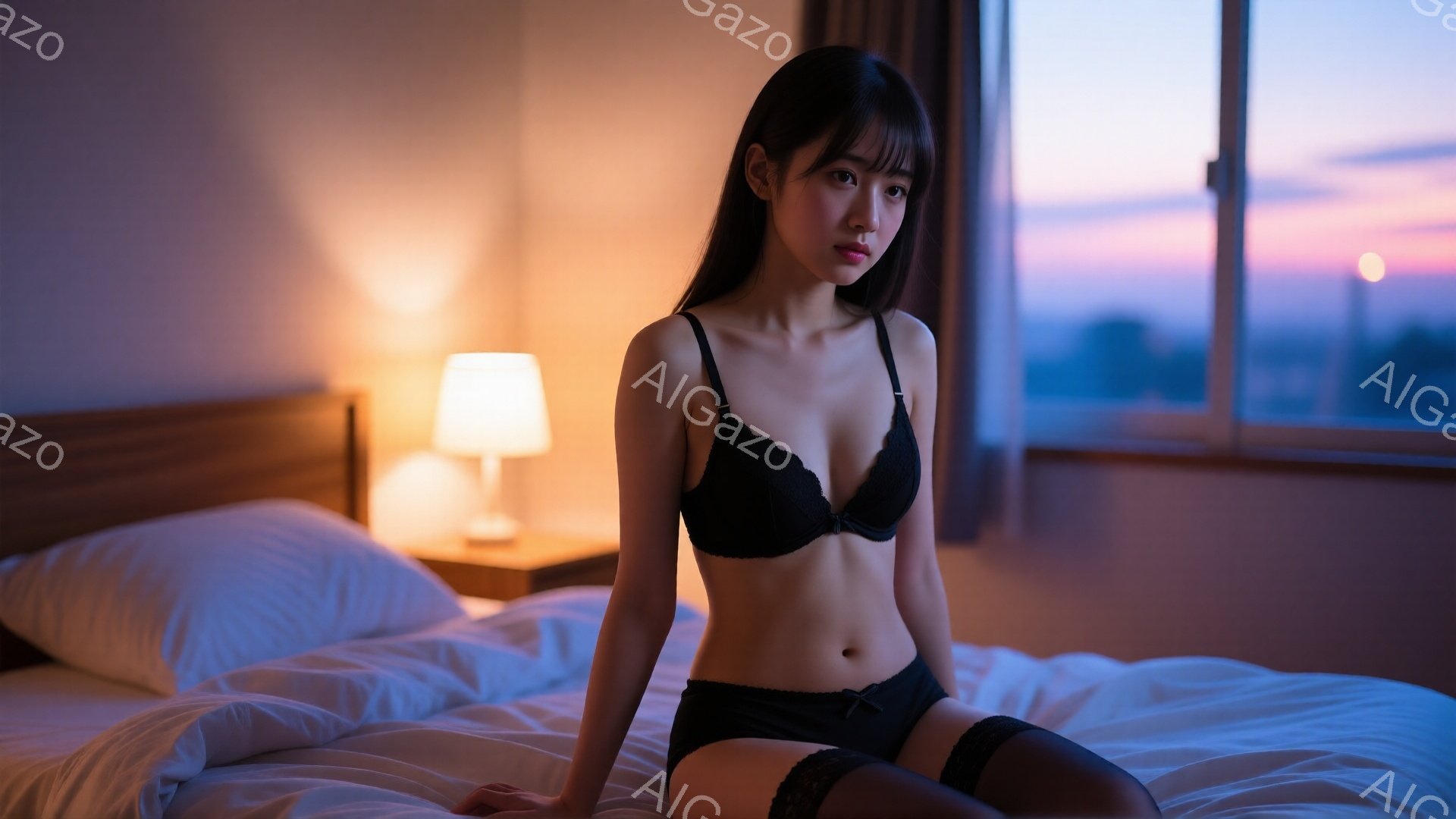 長い黒髪の女性がベッドに座っており、黒いレースのブラとショーツ、そして太もも部分に黒いレースが付いたガーターベルトを着用しています。彼女は少し憂いのある表情でカメラを見つめ、リラックスした姿勢で膝を曲げて座っています。窓の外には夕焼けが見え、オレンジと紫のグラデーションが広がり、部屋全体を柔らかい光で満たしています。