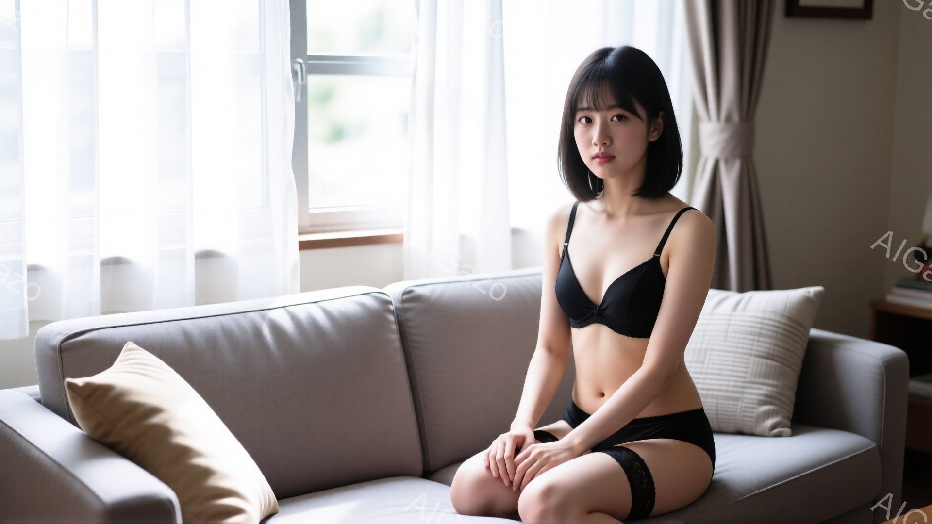 ショートヘアの女性がソファに座っており、黒いブラと下着を身に着けている。彼女は顔を正面に向けており、わずかに微笑んでいるように見える。背景には、カーテンがかかった窓と、ぼんやりと見える家具があり、明る - AI生成フリー素材