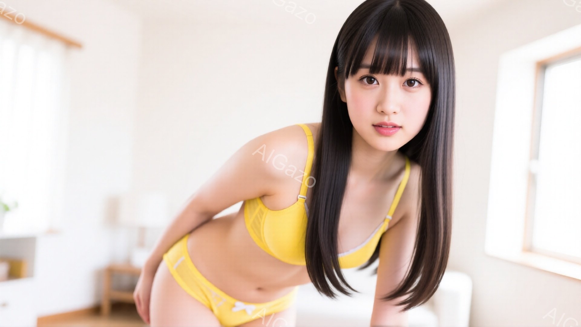 長い黒髪で前髪を作った女性が、黄色のブラとショーツのランジェリー姿でカメラを見ている。彼女は少し腰を落とし、挑発的な表情で唇を軽く開けている。背景は明るいリビングルームで、窓から自然光が差し込んでいる - AI生成フリー素材