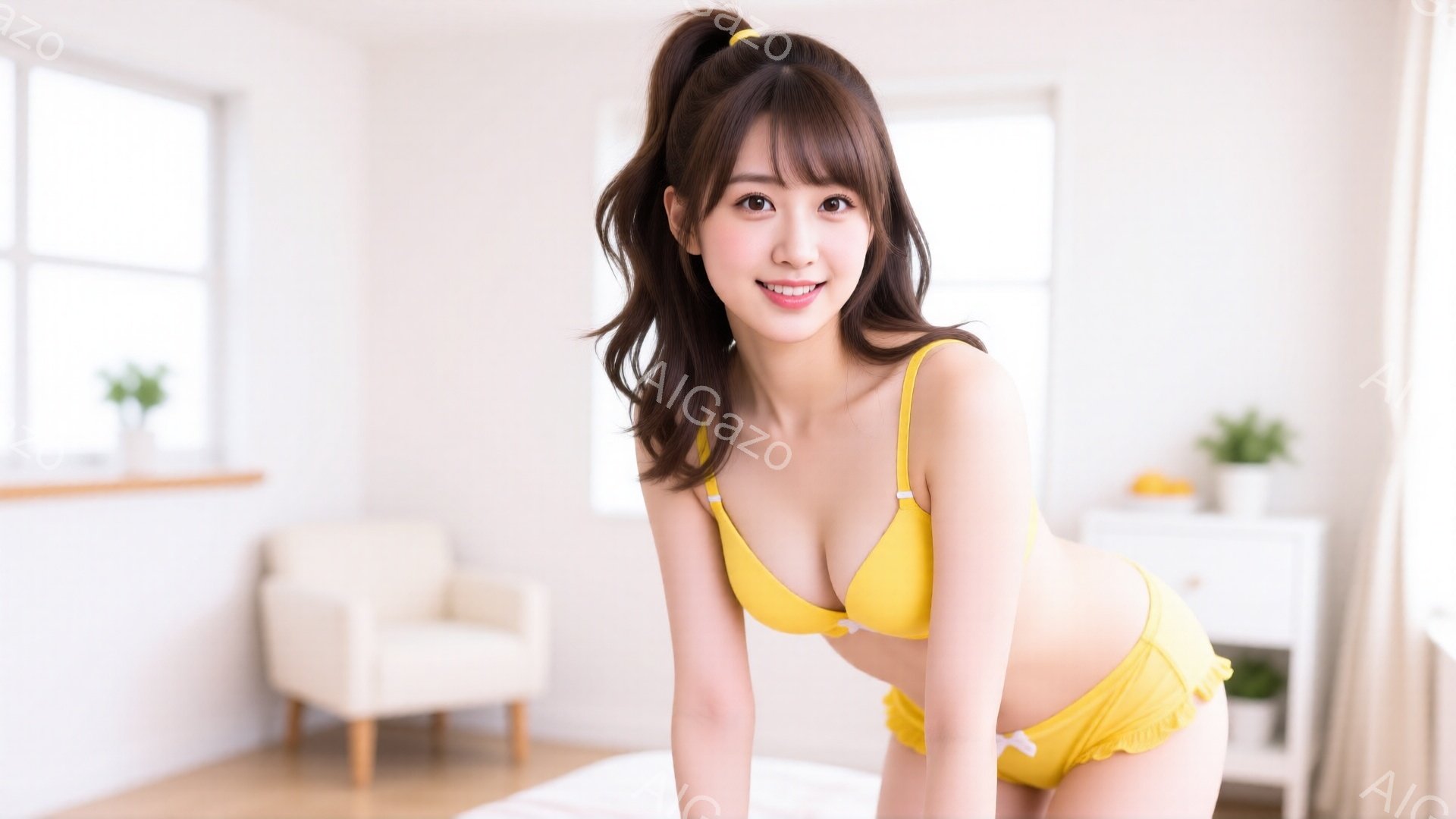 明るい室内で、黄色いビキニを着た女性が写っている。彼女は微笑み、少し体を前にかがめたポーズをとっており、髪は肩まで伸びたストレートで、前髪はふさふさとしている。背景には白っぽいソファや植物、そして窓か - AI生成フリー素材