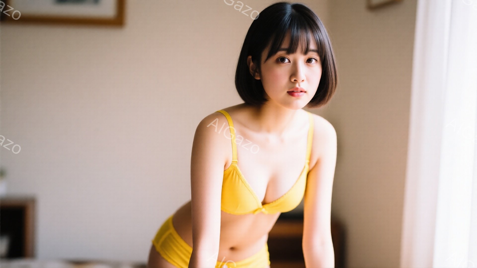 ショートヘアの女性が、明るい黄色のブラとショーツのセットアップを着用して立っています。彼女は正面を少し見下ろし、落ち着いた表情でカメラを見つめており、光が差し込む窓辺に位置しています。背景には家具が見 - AI生成フリー素材