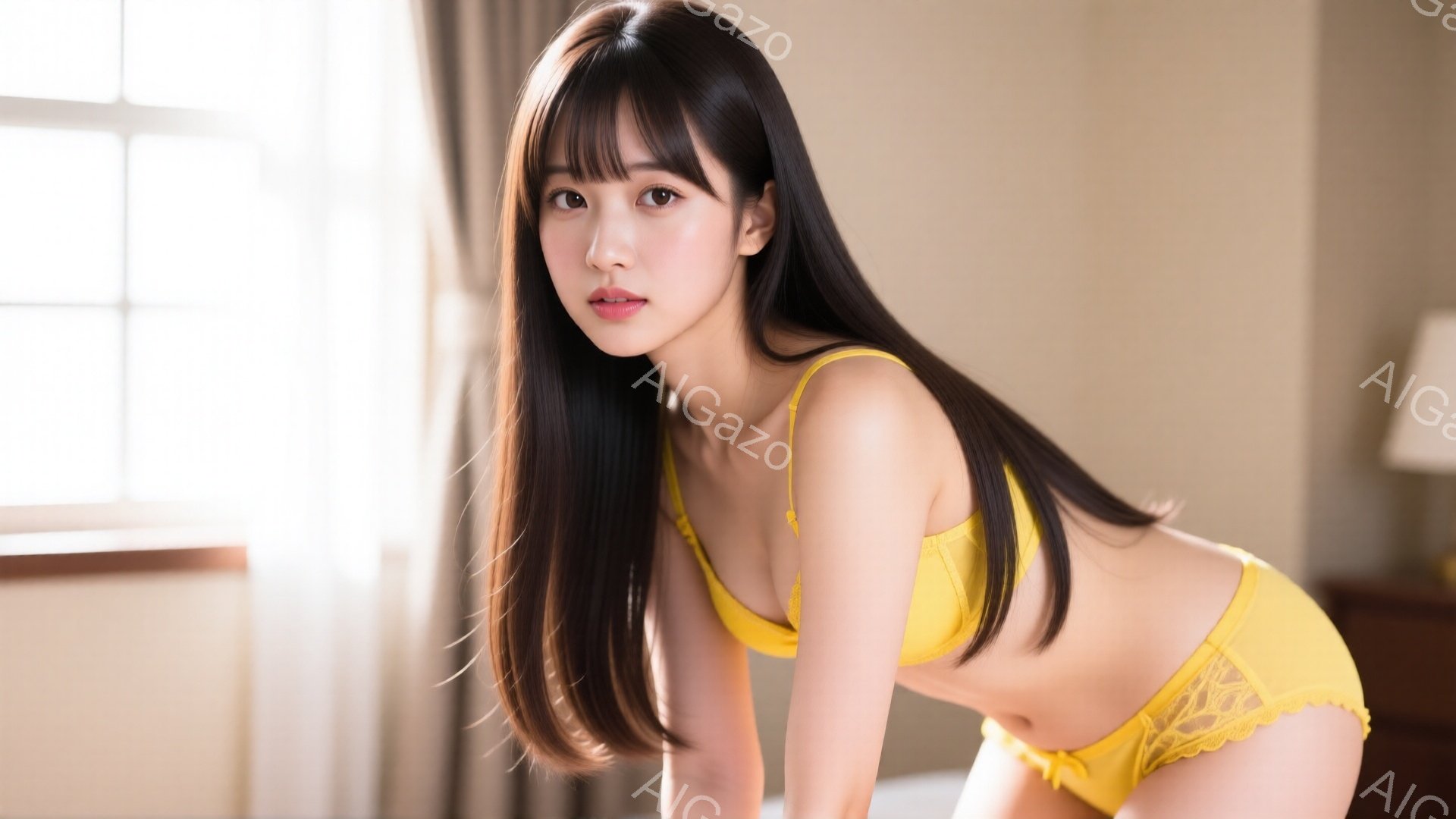 長い黒髪で、前髪は眉毛にかかるようにカットされた女性が写っている。彼女は明るい黄色のブラとショーツを身に着けており、ベッドに跪き、カメラを見つめている。背景にはぼやけた室内が見え、全体的に明るく暖かく - AI生成フリー素材