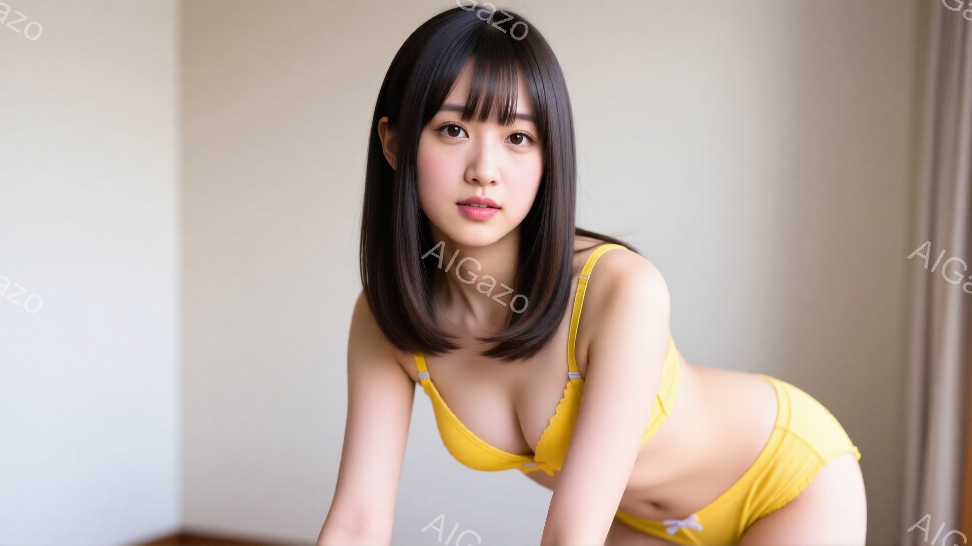 長い黒髪の女性が、明るい黄色のブラとショーツのランジェリー姿でこちらを見つめています。彼女はわずかに体を丸め、少し伏し目がちで、控えめな微笑みを浮かべています。背景は薄いベージュの壁と、右側にわずかに見えるカーテンで、全体的に柔らかく、親密な雰囲気です。