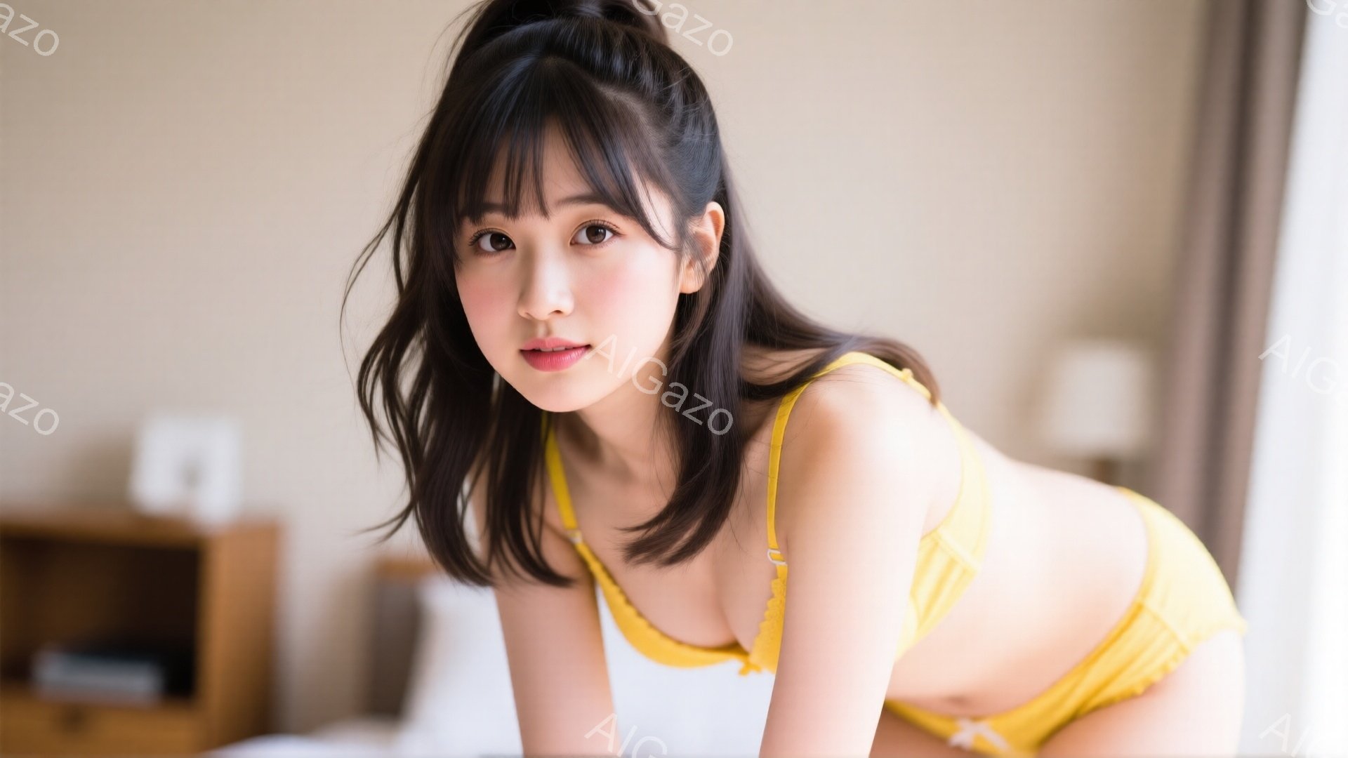 長い黒髪をサイドにかける女性が、黄色いレースのブラとショーツ姿でベッドに横たわっています。彼女はカメラ目線で微笑み、リラックスした雰囲気でポーズをとっています。背景はベージュの壁と家具で、室内は柔らか - AI生成フリー素材