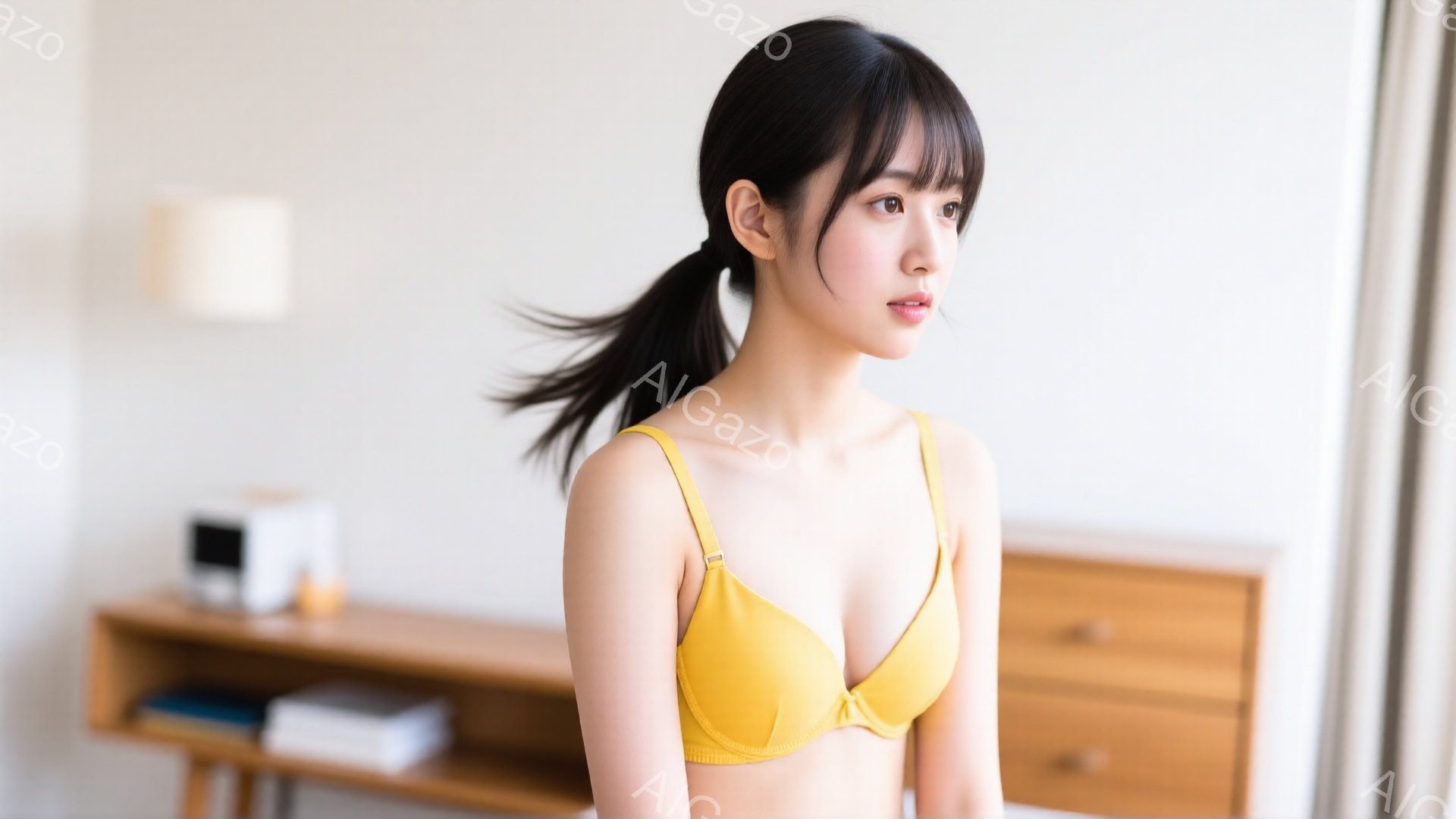 長い黒髪をポニーテールにした若い女性が、黄色いブラレット姿で少し横を向いて立っている。彼女は穏やかな表情で、背景には木製の棚と白いカーテンが見える、明るくシンプルな室内だ。全体的に、リラックスした雰囲気が漂うポートレート写真である。