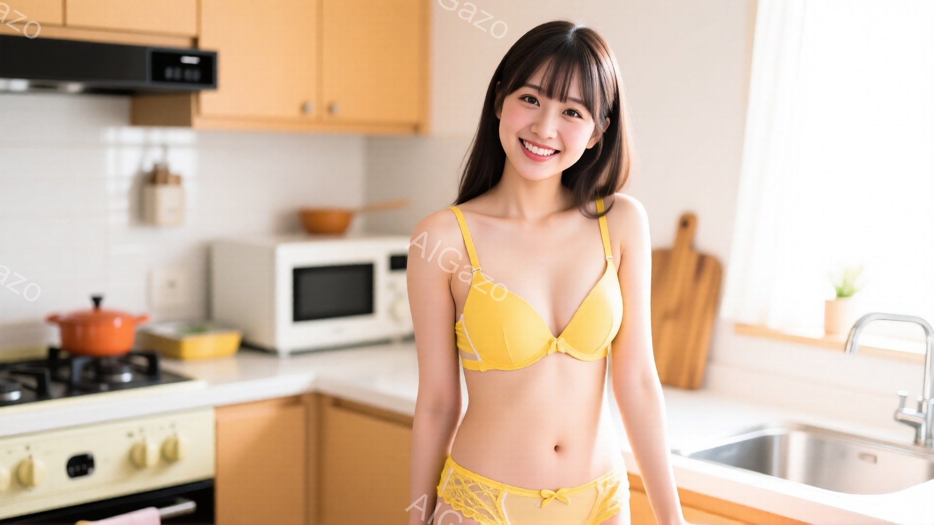 明るいキッチンを背景に、女性がイエローのランジェリーセットを着用して立っています。彼女は微笑んでおり、長い髪は肩にかかっています。キッチンには白と木製のキャビネット、コンロ、シンク、電子レンジなどがあ - AI生成フリー素材