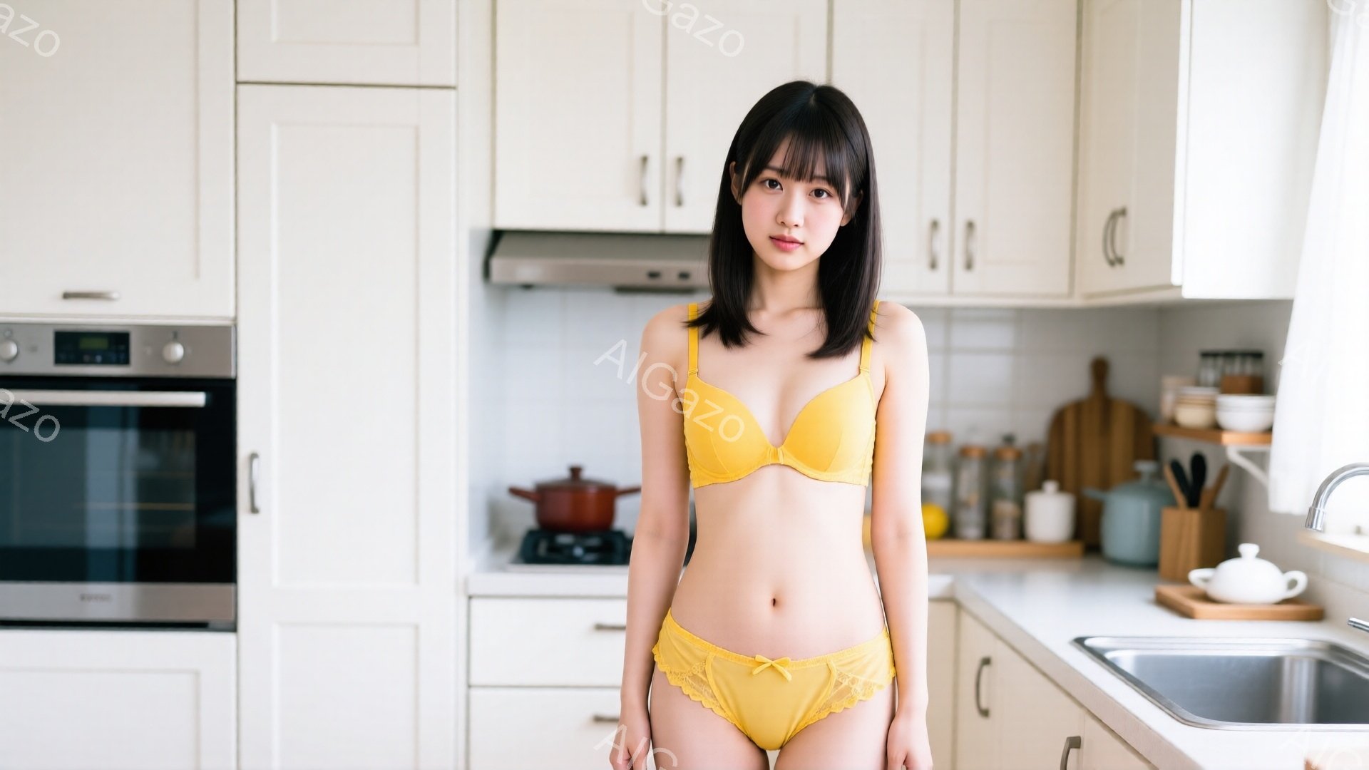 明るいキッチンを背景に、若い女性がイエローのブラとショーツのセットを身につけて立っています。彼女は黒髪で前髪が少し長く、穏やかな表情をしています。背景には白を基調としたキッチン設備が見え、鍋や調味料などが置かれた整頓された空間が広がっています。
