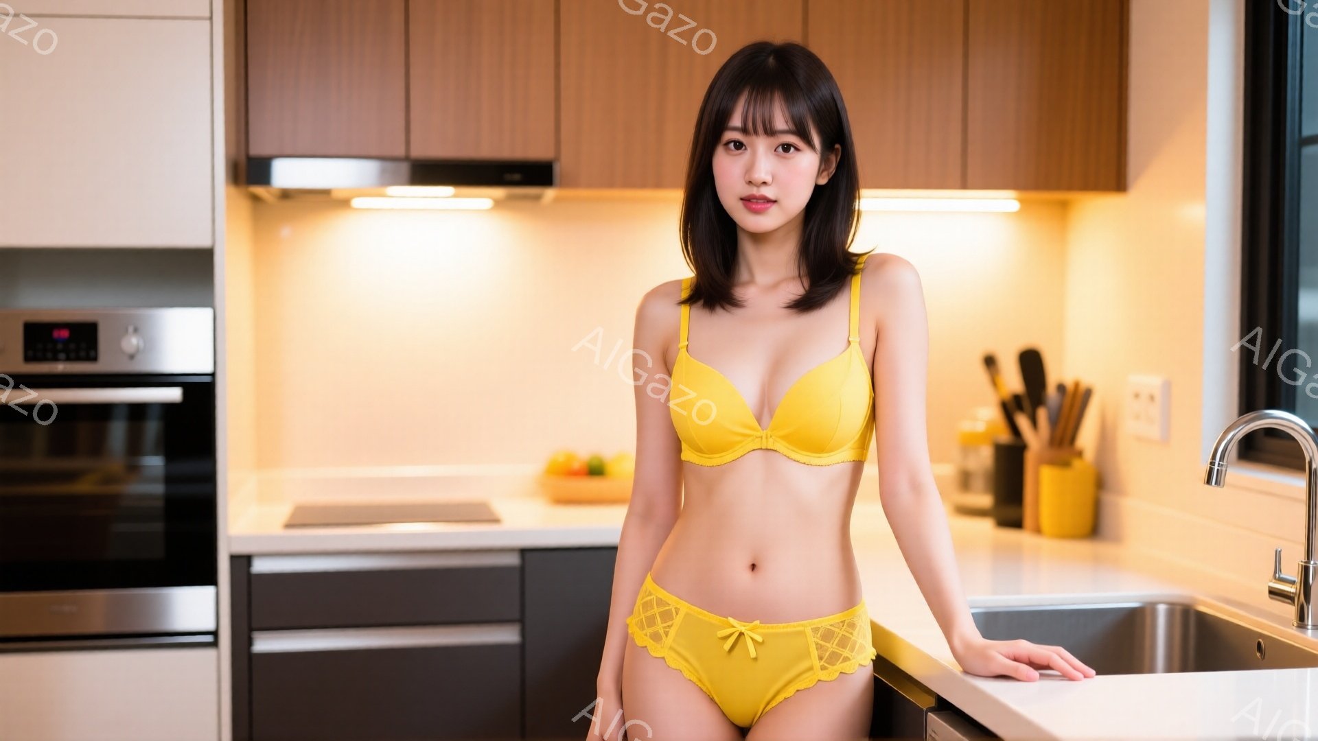 茶髪の女性がキッチンで黄色いランジェリーを着て、シンクにもたれかかっています。彼女は穏やかな表情で、軽く微笑んでいます。背景はモダンなグレーと木製のキッチンで、調理器具や果物が置かれ、暖かく明るい雰囲気が漂っています。
