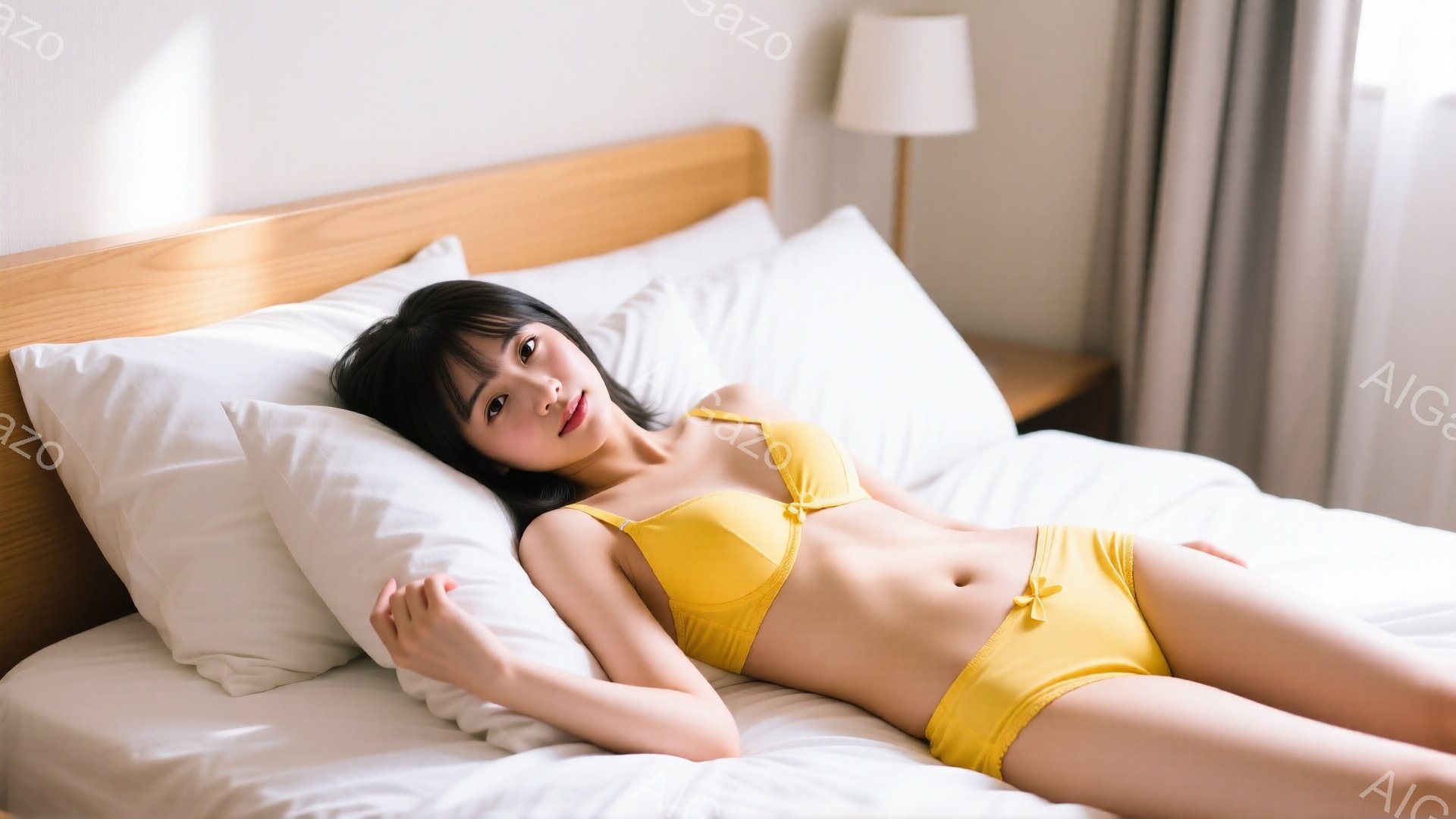 明るい室内で、若い女性が白いベッドに横たわっています。彼女は黄色のブラとショーツを身につけ、黒髪を無造作に広げて、リラックスした表情でカメラを見つめています。背景には木製のナイトスタンドとランプが見え、全体的に穏やかで暖かい雰囲気が漂っています。