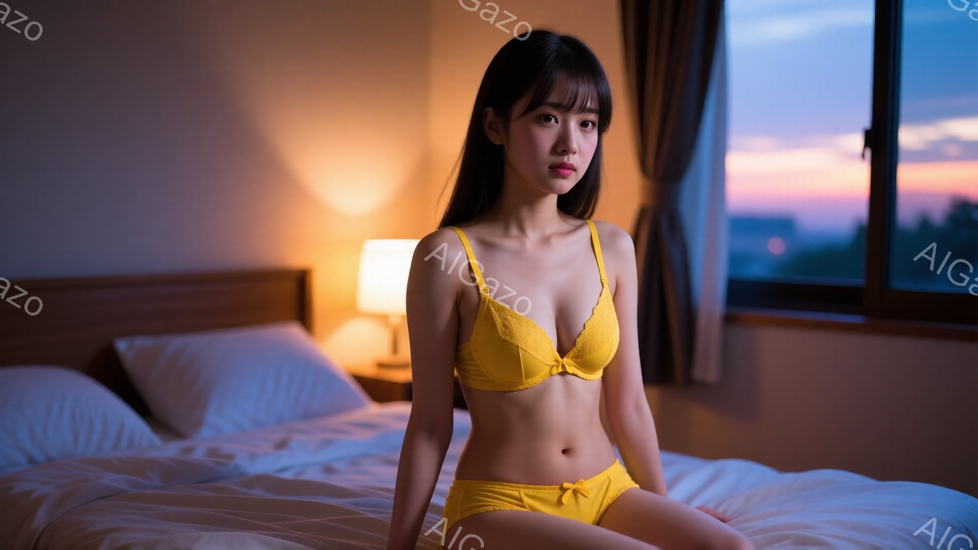 長い黒髪で、前髪が目の上にかかっている女性がベッドに座っています。彼女は黄色いレースのブラジャーとショーツを着ており、少し憂いのある表情をしています。背景には、夕焼けの空と建物の見える窓、そしてベッドサイドテーブルとランプが見えます。