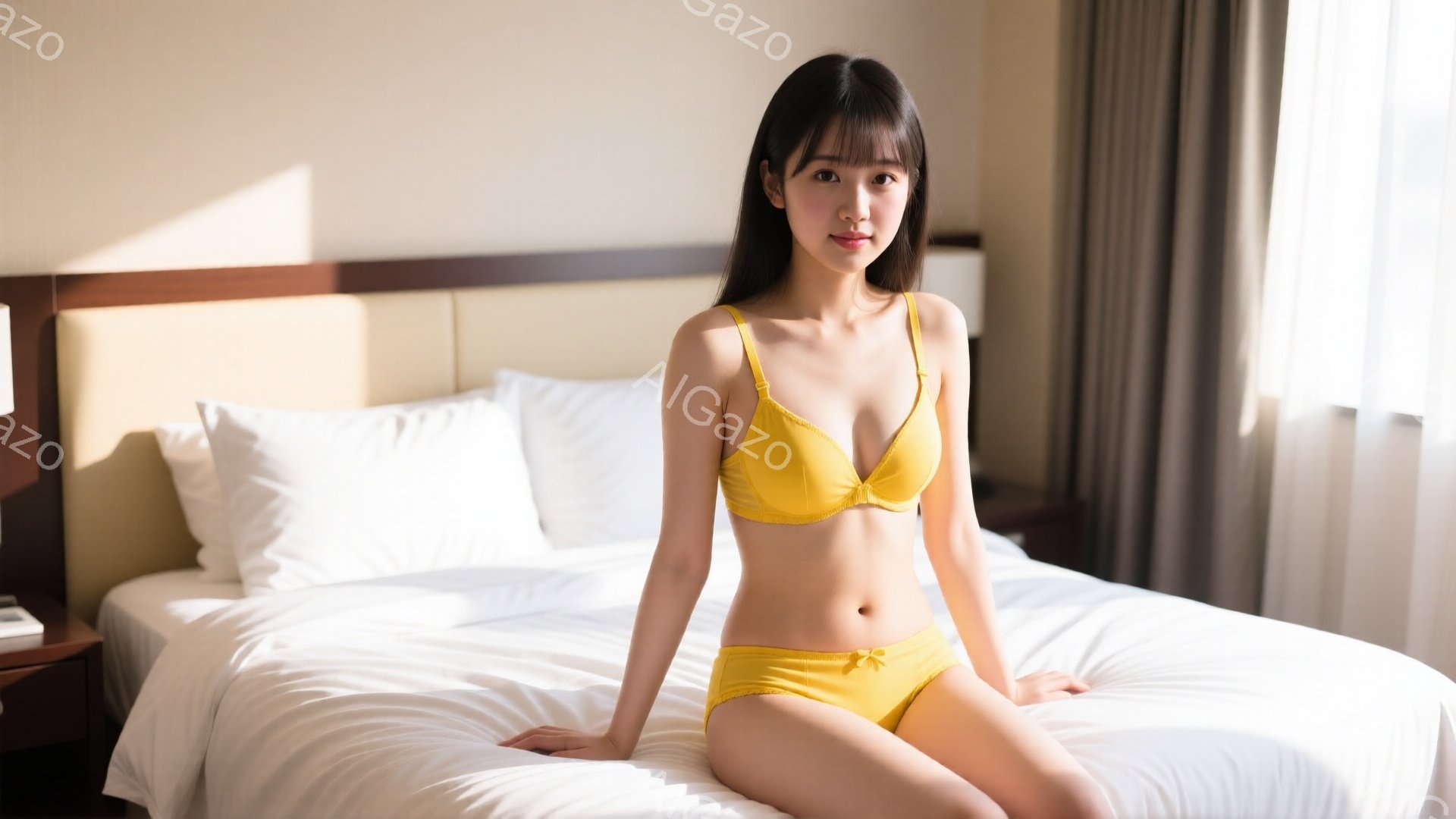 若い女性がベッドに座っており、黄色のブラとショーツのセットを着用しています。彼女は黒髪のストレートヘアで、穏やかな表情を浮かべています。背景には白いベッドシーツ、枕、そしてベージュのカーテンが見え、部屋全体が明るく落ち着いた雰囲気です。