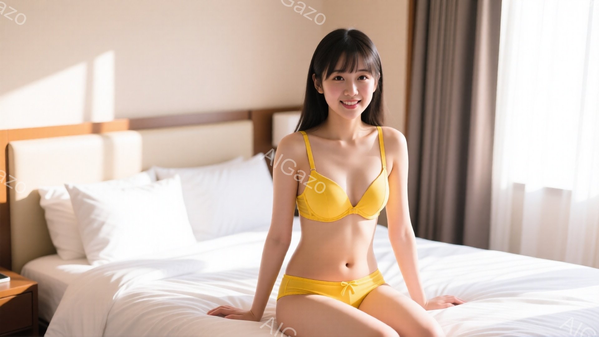 明るい茶色の髪に前髪のある若い女性が、黄色いブラとショーツ姿で白いベッドに座っています。彼女は微笑んでおり、リラックスした表情でカメラを見つめています。背景には、白い枕と茶色のカーテンが見え、室内は暖 - AI生成フリー素材