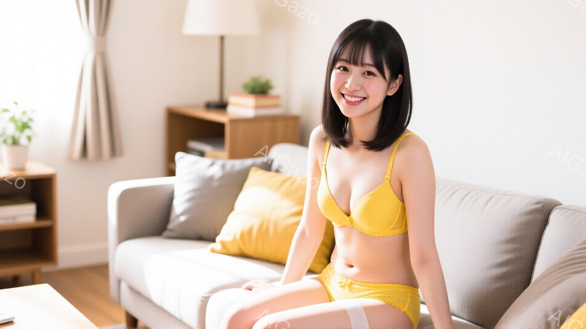 若い女性が明るいリビングルームのソファに座っています。彼女は黄色いブラとショーツを着用しており、黒髪のショートヘアで、微笑んでいます。背景には、グレーのクッション、木製の棚、そして窓からの自然光が見え - AI生成フリー素材
