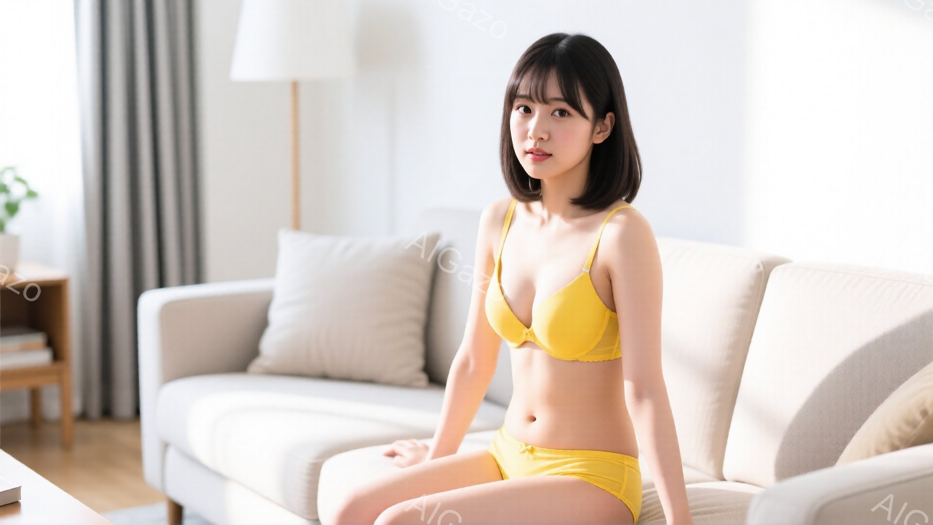 茶髪のショートヘアの女性が、明るいリビングルームの白いソファに座っています。彼女は黄色いブラとショーツを身に着け、リラックスした表情で正面を見つめています。背景には、間接照明、観葉植物、本棚が見え、穏 - AI生成フリー素材