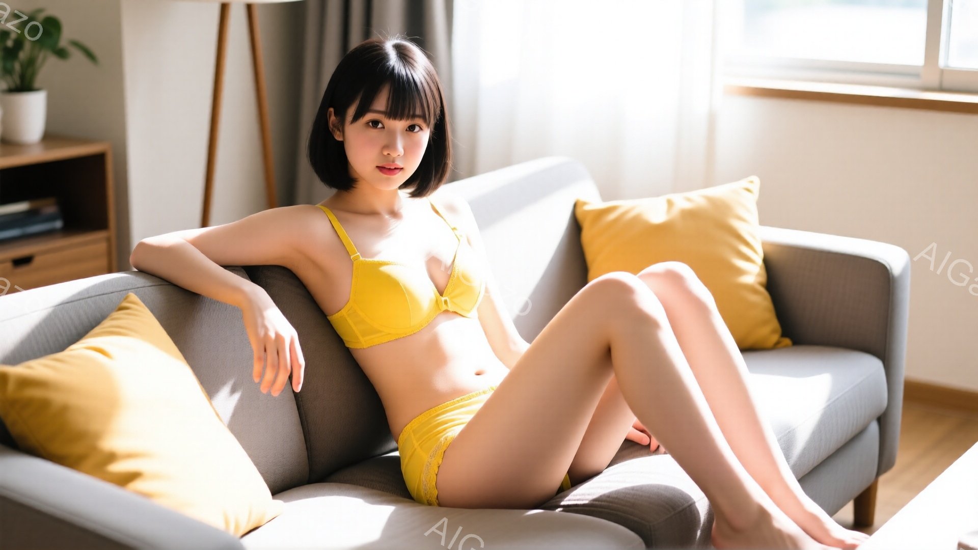 短い黒髪の女性が、グレーのソファに横たわって座っています。彼女は黄色いブラジャーと下着を着ており、リラックスした表情でカメラを見ています。背景には、植物と窓があり、明るい自然光が差し込んでいます。