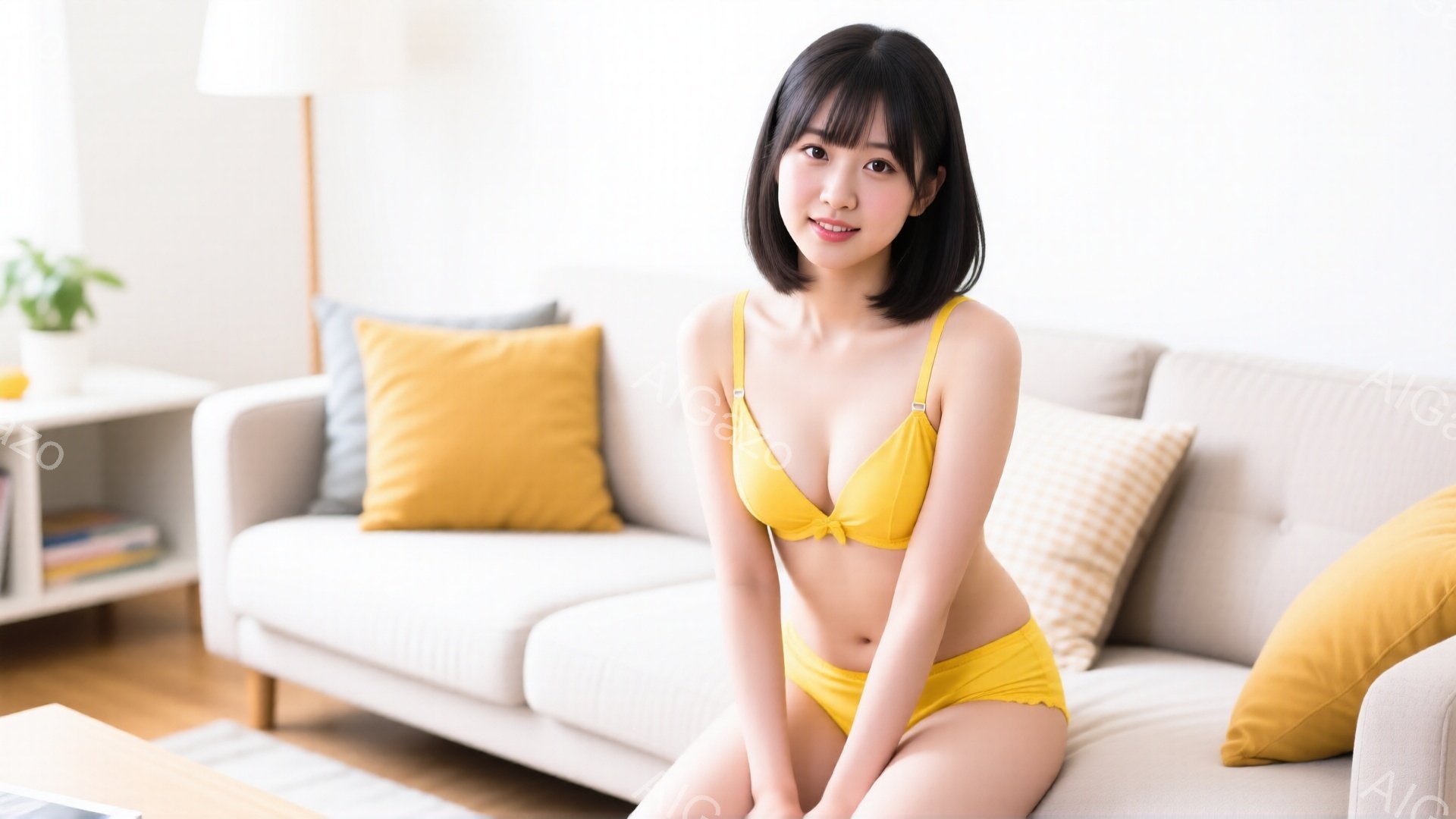 明るいリビングルームに座る若い女性が写っています。彼女は黄色いブラとショーツ姿で、黒髪のショートボブスタイルで、微笑んでいます。背景には白いソファ、黄色やギンガムチェックのクッション、本棚、そして木製の床が見えます。