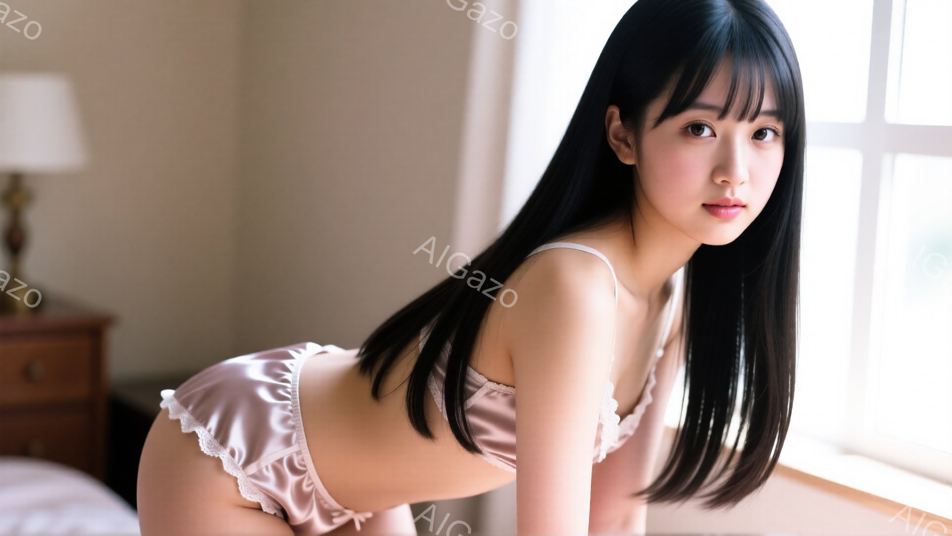 長い黒髪を肩から後ろに垂らし、淡いピンク色のサテン生地のキャミソールとショーツ姿の若い女性が写っている。彼女はベッドの端に腰掛け、カメラに向かって少し微笑んでいる。背景には窓からの自然光が差し込み、木製のナイトスタンドとランプが見える、穏やかで柔らかい雰囲気の室内だ。