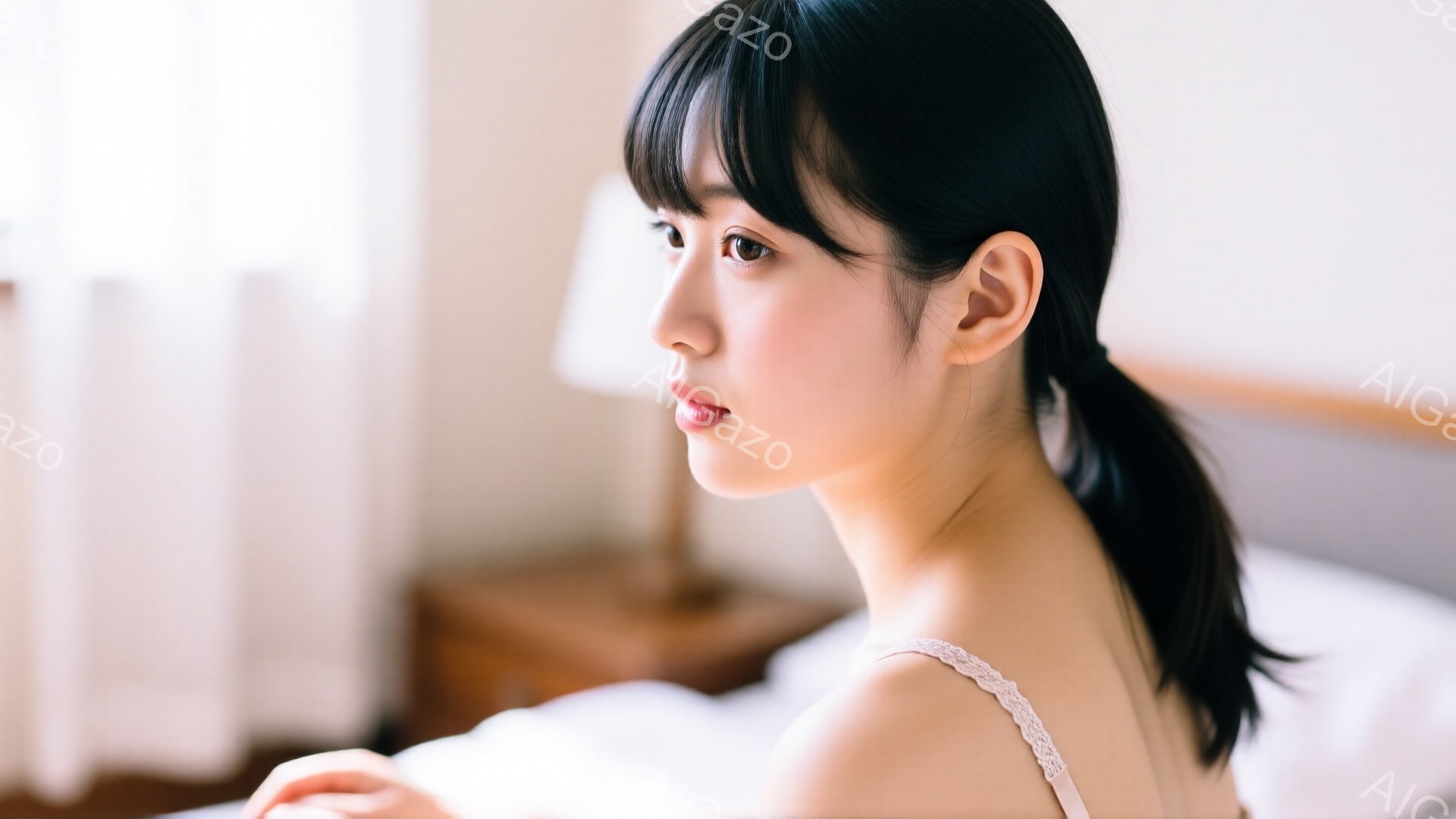 黒髪をポニーテールにした若い女性が、白いレースのキャミソールを着て横を向いています。彼女は落ち着いた表情で遠くを見つめており、ベッドに横たわっているようです。背景には木製のナイトテーブルと柔らかな光が差し込む室内がぼんやりと見え、静かで穏やかな雰囲気を醸し出しています。