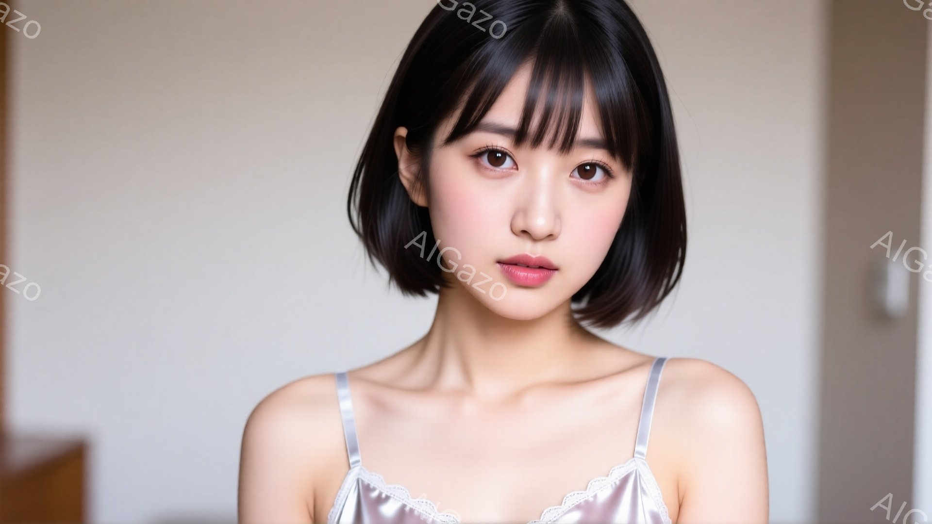 ショートヘアの女性が正面を見つめています。オフショルダーの薄いピンクのキャミソールを着ており、表情は穏やかで、少し微笑んでいるように見えます。背景は白く、部屋の一角のようであり、柔らかく優しい雰囲気が - AI生成フリー素材