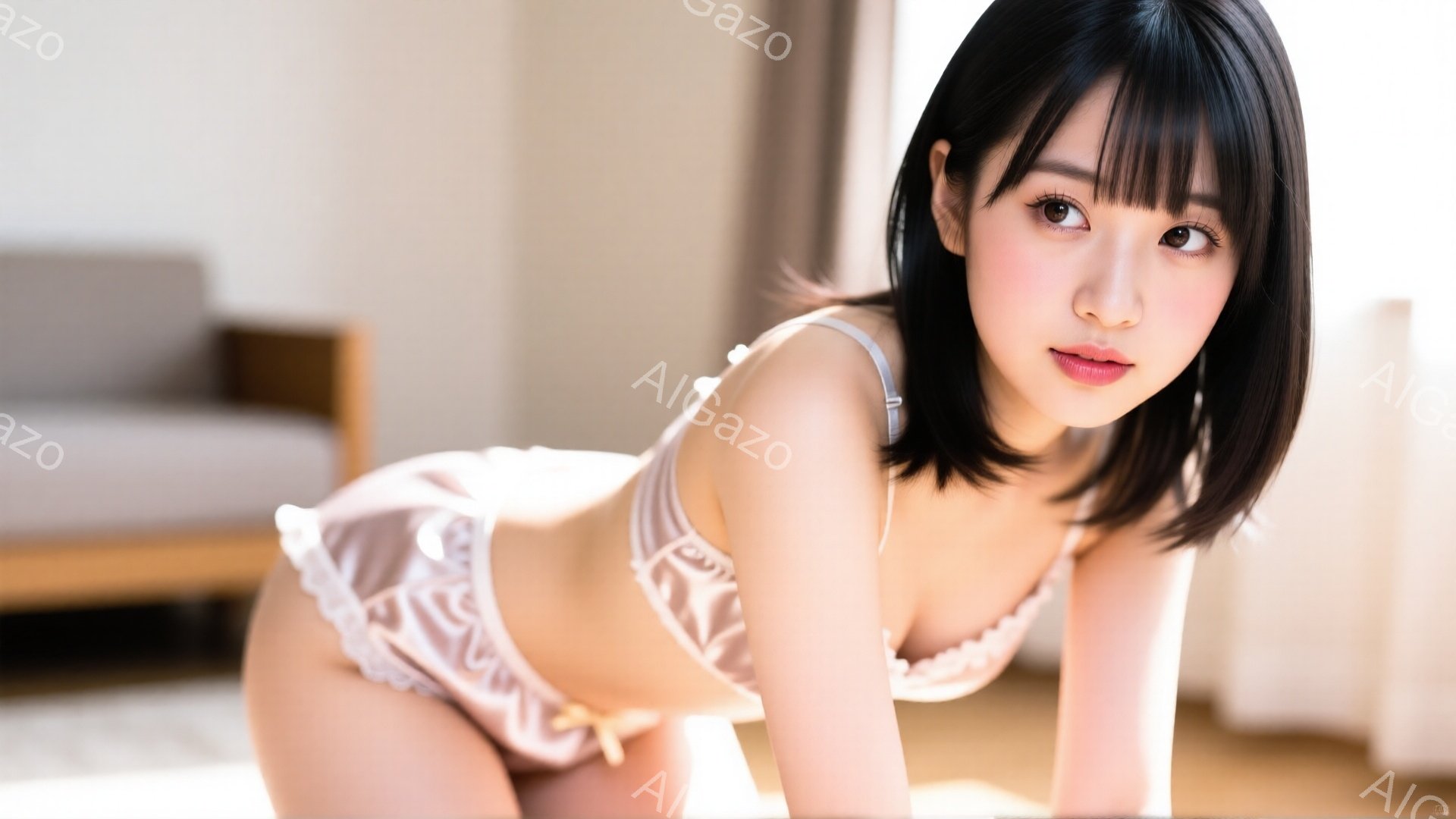 黒髪の女性が、薄いピンク色のレースのブラとショーツのセットを身に着けています。彼女は少し微笑んでおり、カメラに向かって魅惑的な視線を送っています。背景には、木製の床とソファが見え、明るい日差しが差し込 - AI生成フリー素材