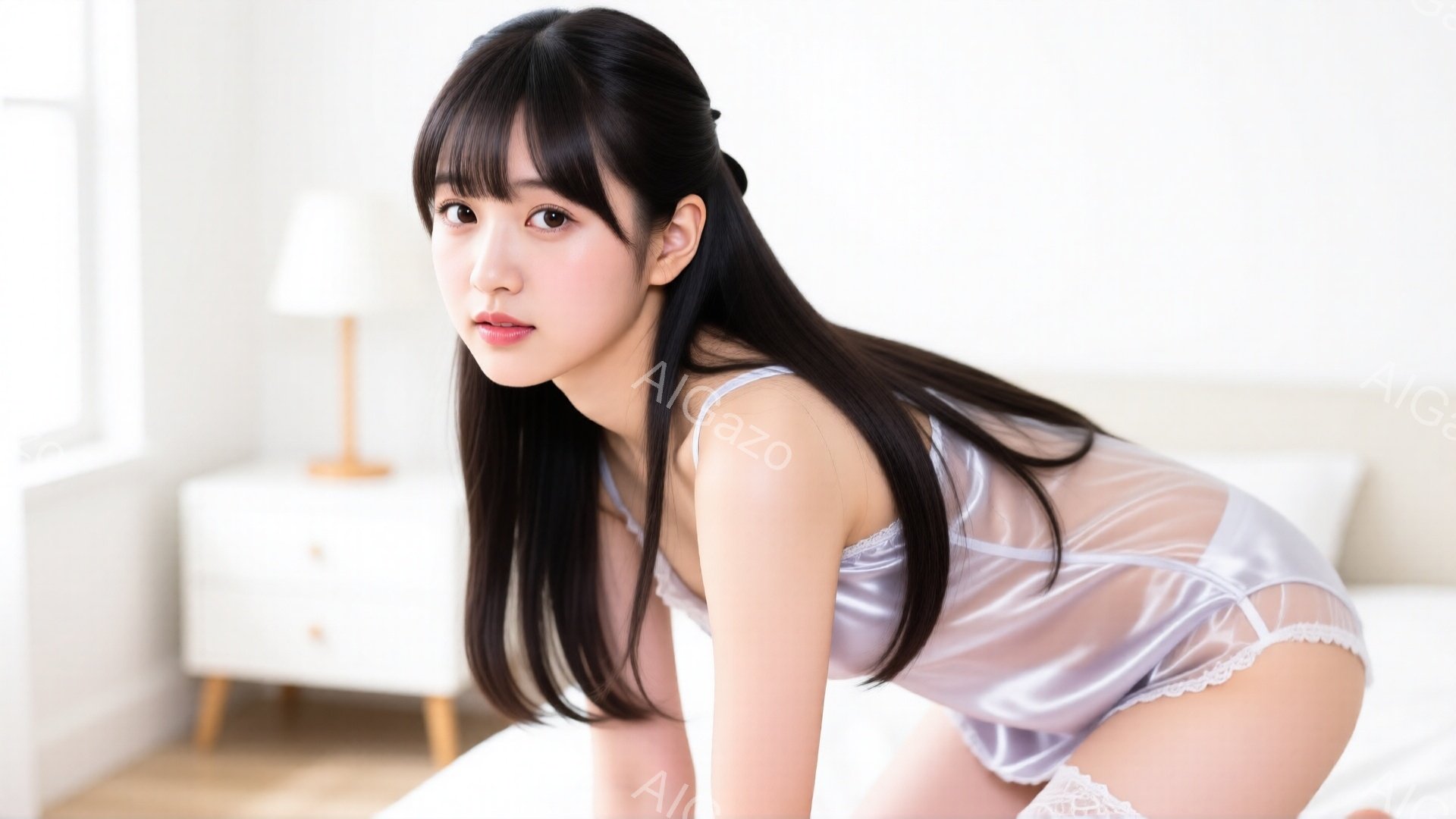 長い黒髪を肩から下でなびかせた若い女性が、薄い水色のキャミソールとショーツ姿で白いベッドの上に膝をついて座っています。彼女はカメラ目線で少し微笑んでおり、表情は優しく穏やかです。背景には白いナイトスタンドと柔らかな光を放つランプが見え、部屋全体が明るく清潔な雰囲気を醸し出しています。