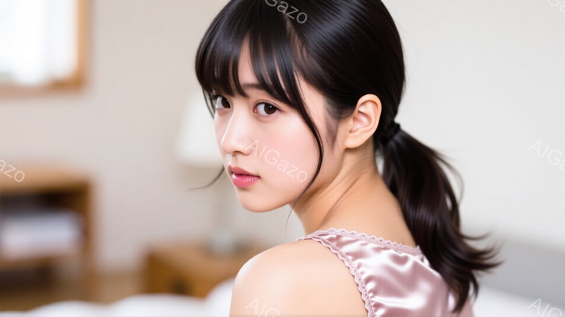 長い黒髪をポニーテールにし、オフホワイトのキャミソールを着た若い女性が写っています。彼女は少し振り返り、カメラに微笑みかけており、穏やかで魅力的な表情をしています。背景はぼやけていますが、部屋の一部と家具が見え、全体的に柔らかく優しい雰囲気です。