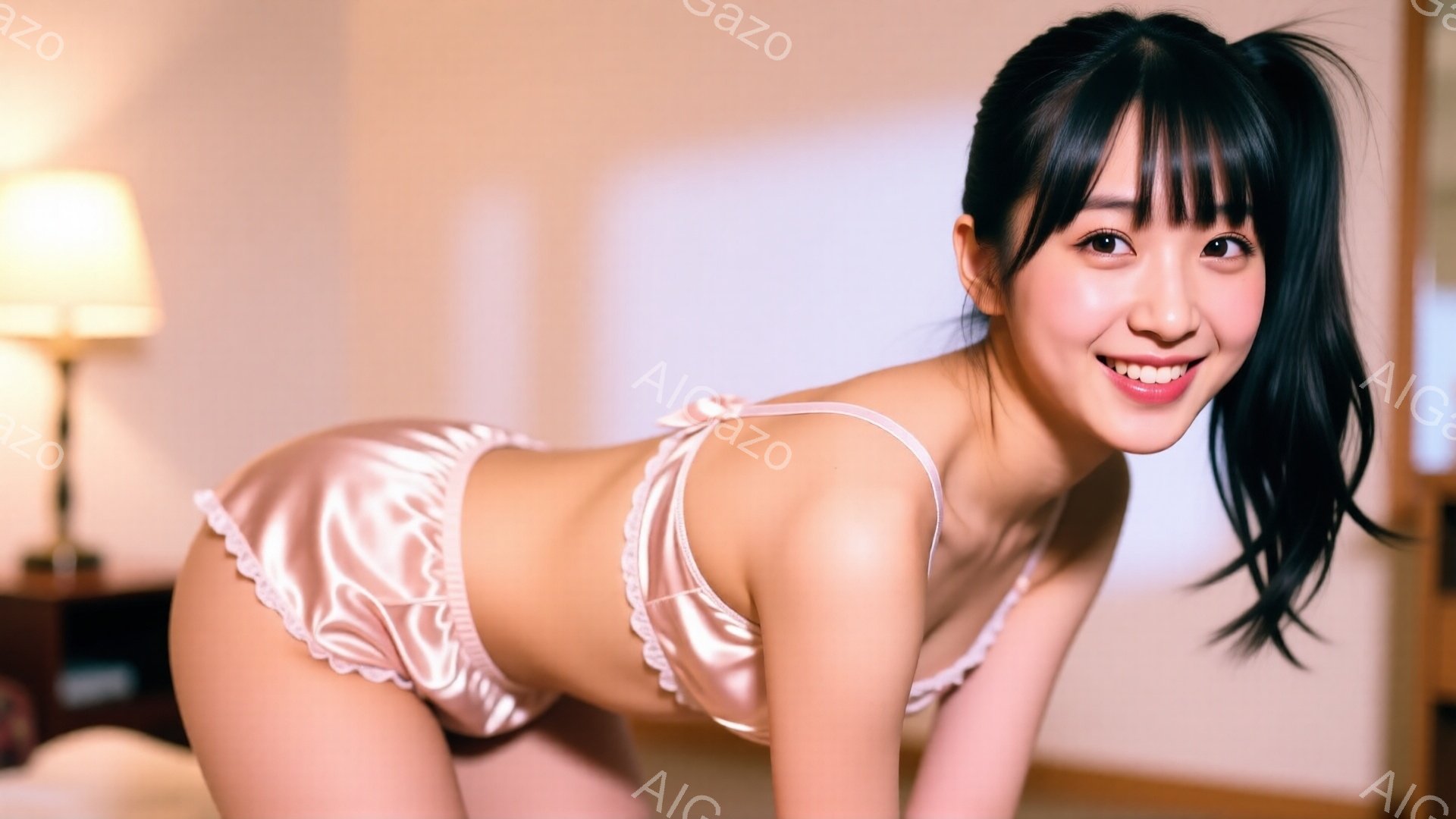 黒髪の女性が薄いピンク色のシルクのキャミソールとショーツ姿でカメラに向かって笑顔でポーズをとっています。彼女は片足を前に出し、腰を落とした姿勢で、明るい表情で魅力的です。背景はシンプルな室内で、間接照明が柔らかい雰囲気を醸し出しています。