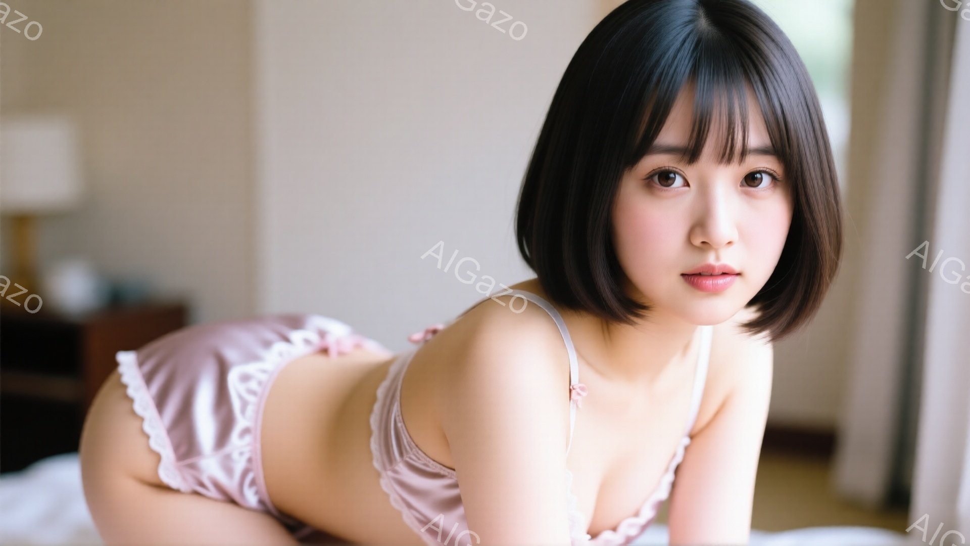 ショートヘアの女性がベッドに横たわっており、薄いピンク色のシルクのような下着を身につけています。彼女はカメラを見つめ、わずかに微笑んでいる表情で、リラックスした姿勢を保っています。背景にはぼやけた家具 - AI生成フリー素材