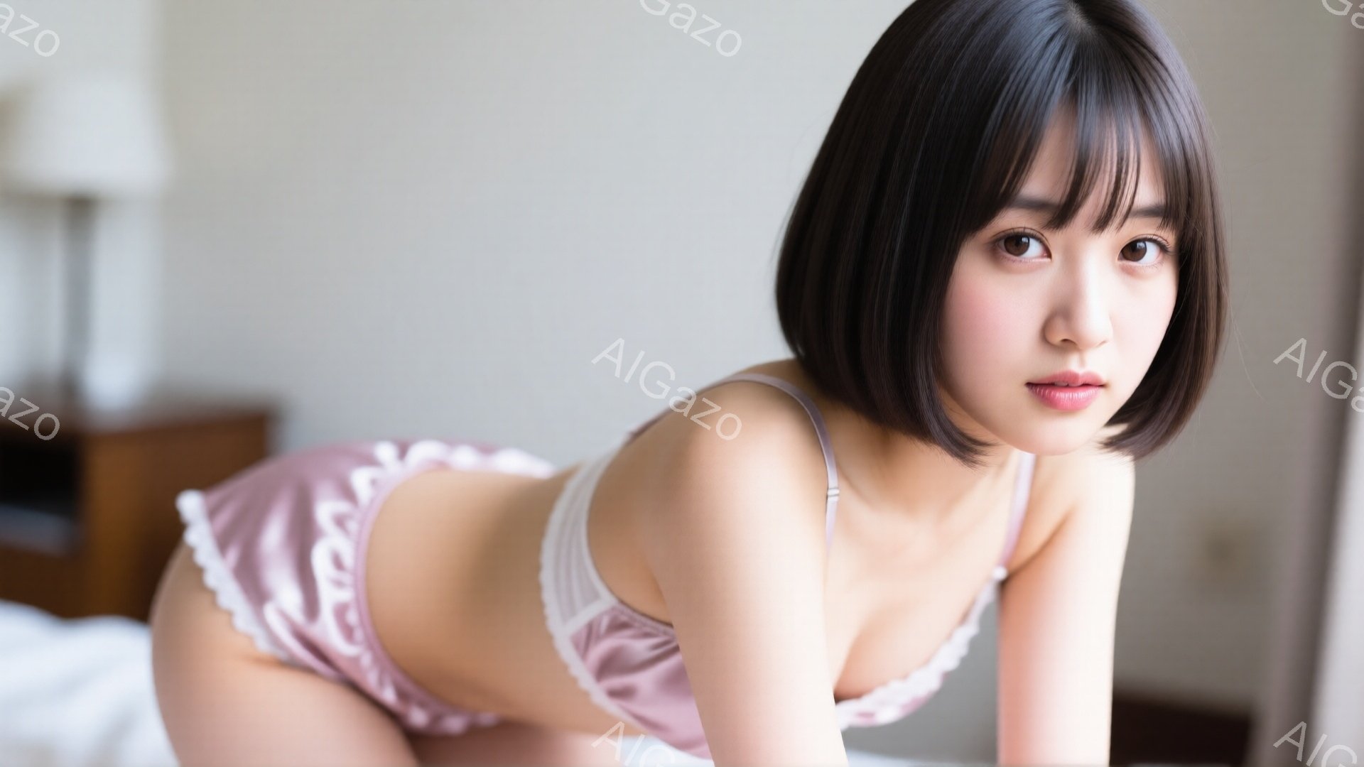 黒髪のショートヘアの女性が、白いレースのブラと薄いピンク色のフリル付きショーツを身に着けてベッドに横たわっています。彼女はカメラに向かって微笑み、魅力的で自信に満ちた表情をしています。背景には木製のナイトスタンドとぼんやりとした光が見え、ソフトでプライベートな雰囲気を醸し出しています。