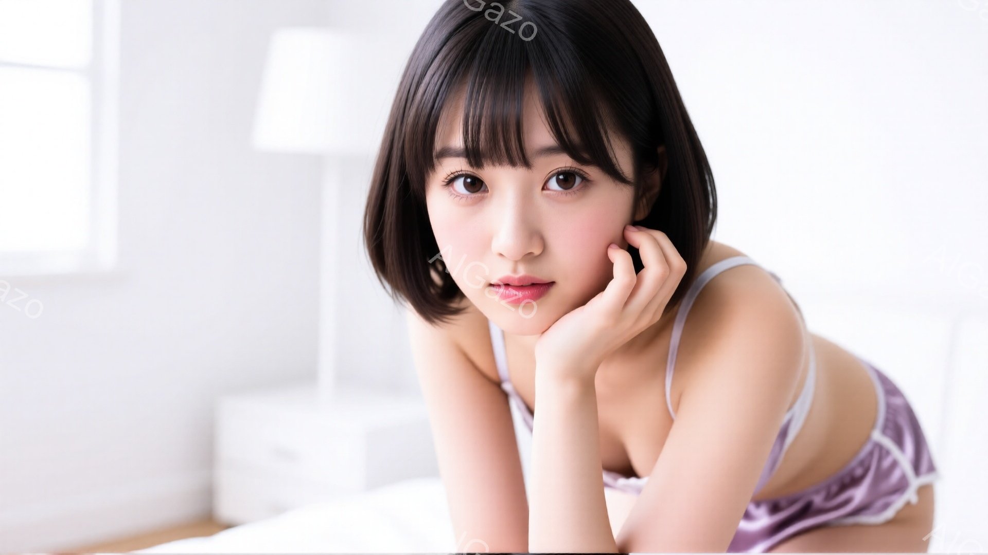 ショートヘアの女性がベッドに横たわり、頬に手を当ててこちらを見つめています。淡いラベンダー色のランジェリーを身に着け、口元はわずかに微笑んでいます。背景は明るい室内で、白を基調としたシンプルな空間が広 - AI生成フリー素材