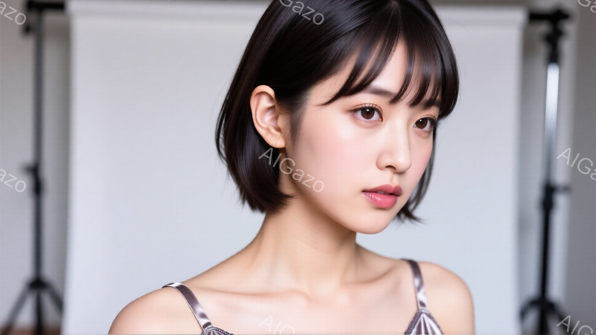 短いボブヘアに前髪を少し長めにした若い女性が写っています。オフショルダーのトップスを着ており、顔は少し右を向き、穏やかな微笑みを浮かべています。背景は白く、写真撮影用のライトスタンドが見え、全体的に柔らかく優しい雰囲気です。